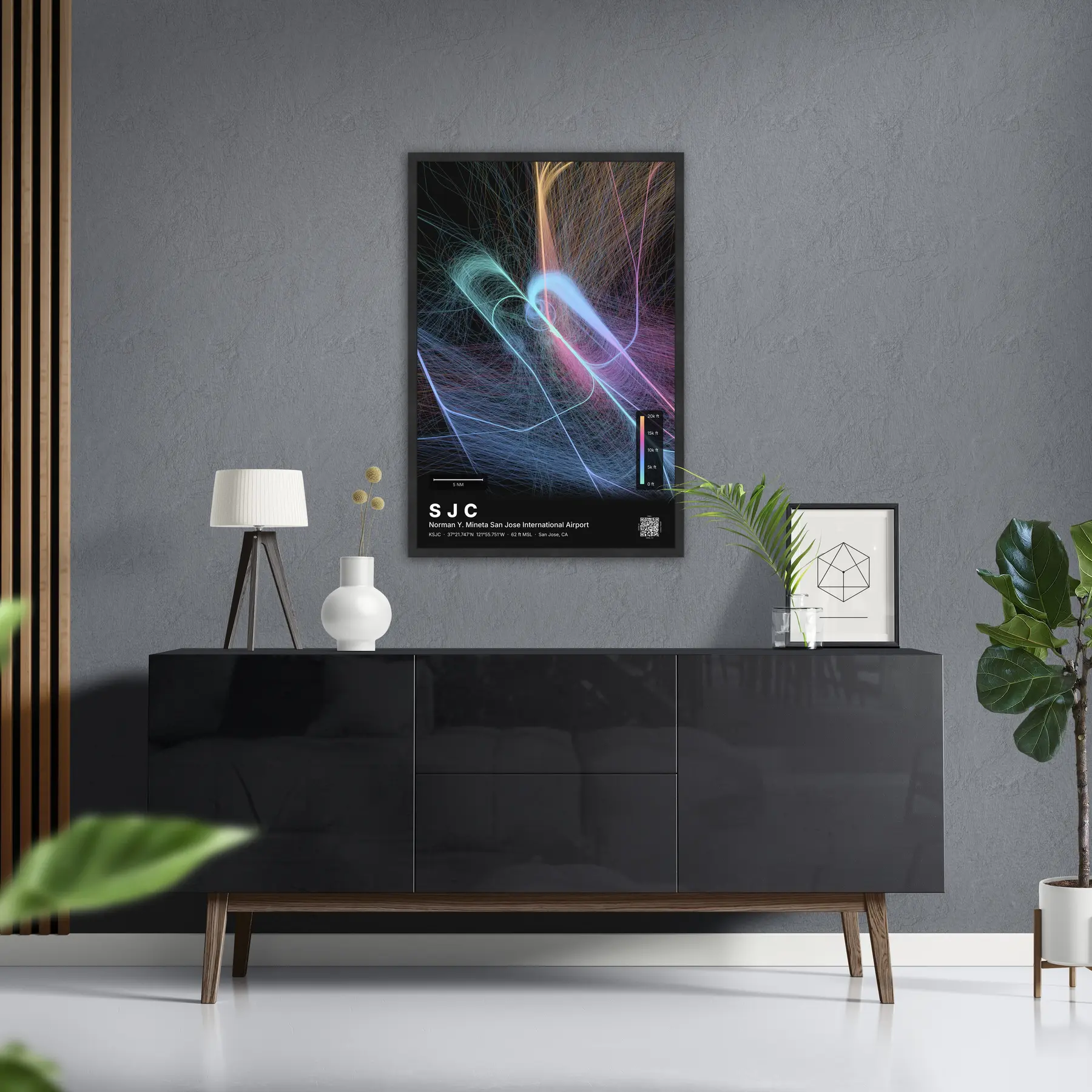 SJC flight path map — Aurora theme · Dark in foyer setting