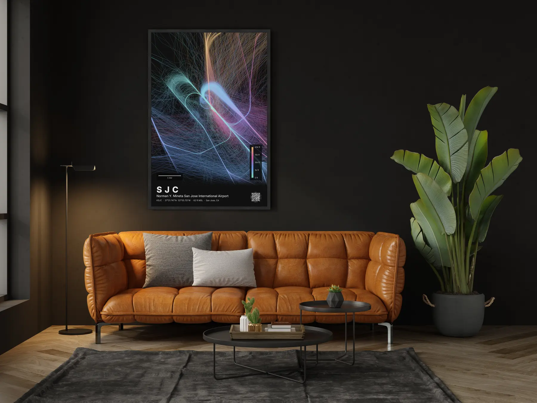 SJC flight path map — Aurora theme · Dark in living-room setting