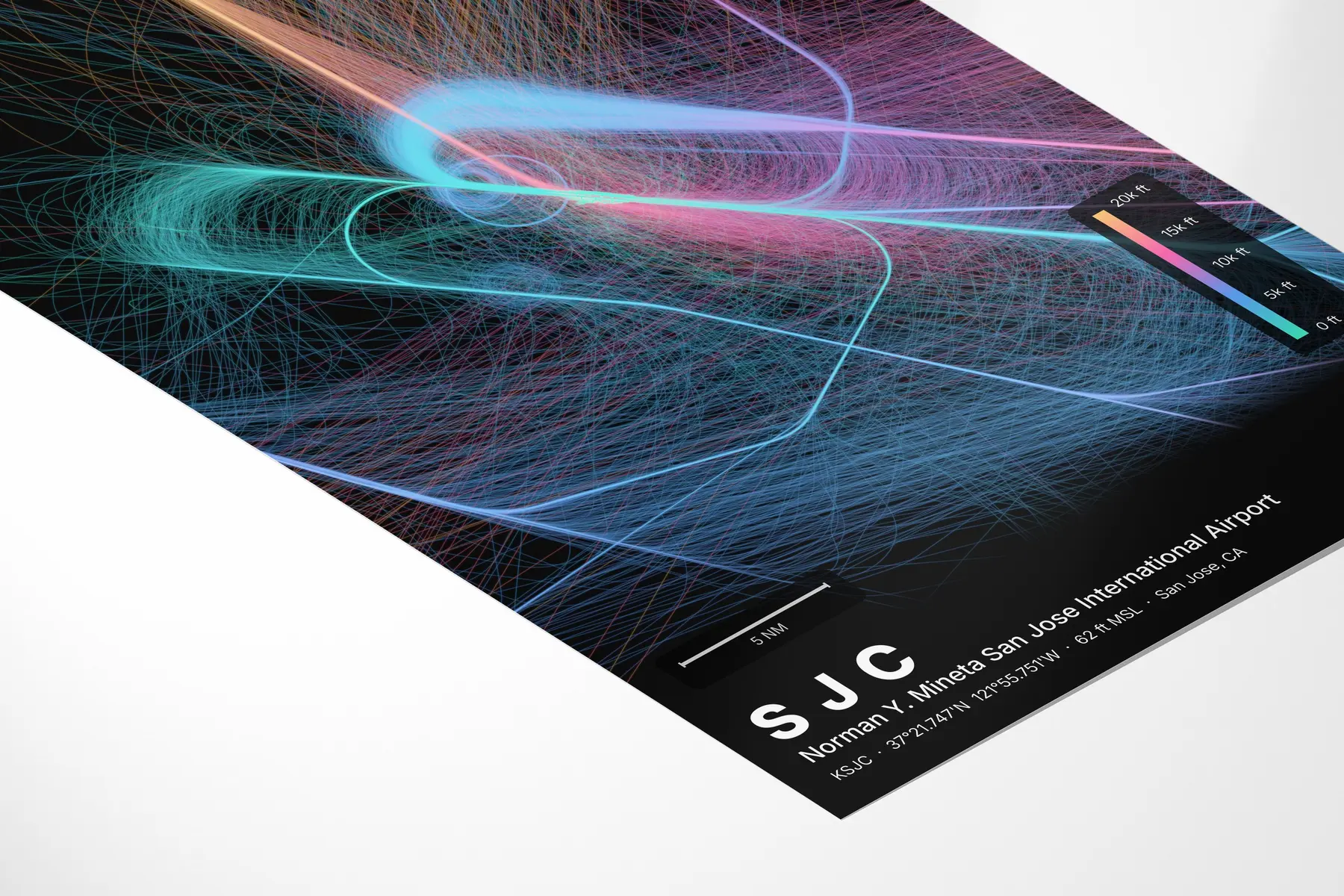 SJC flight path map — Aurora theme · Dark in corner-detail setting