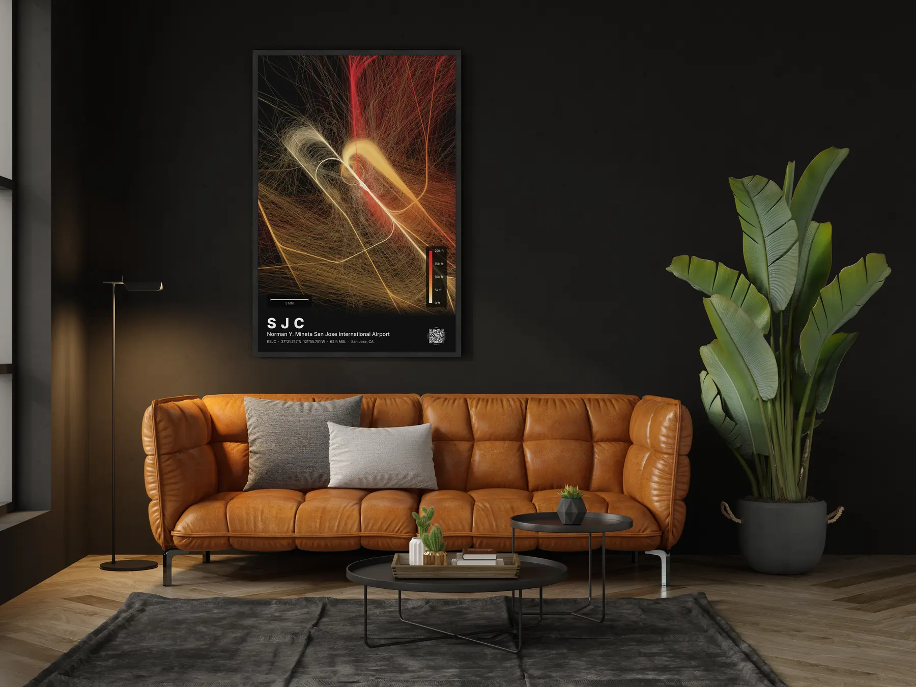 The SJC flight path map on a wall in a living room