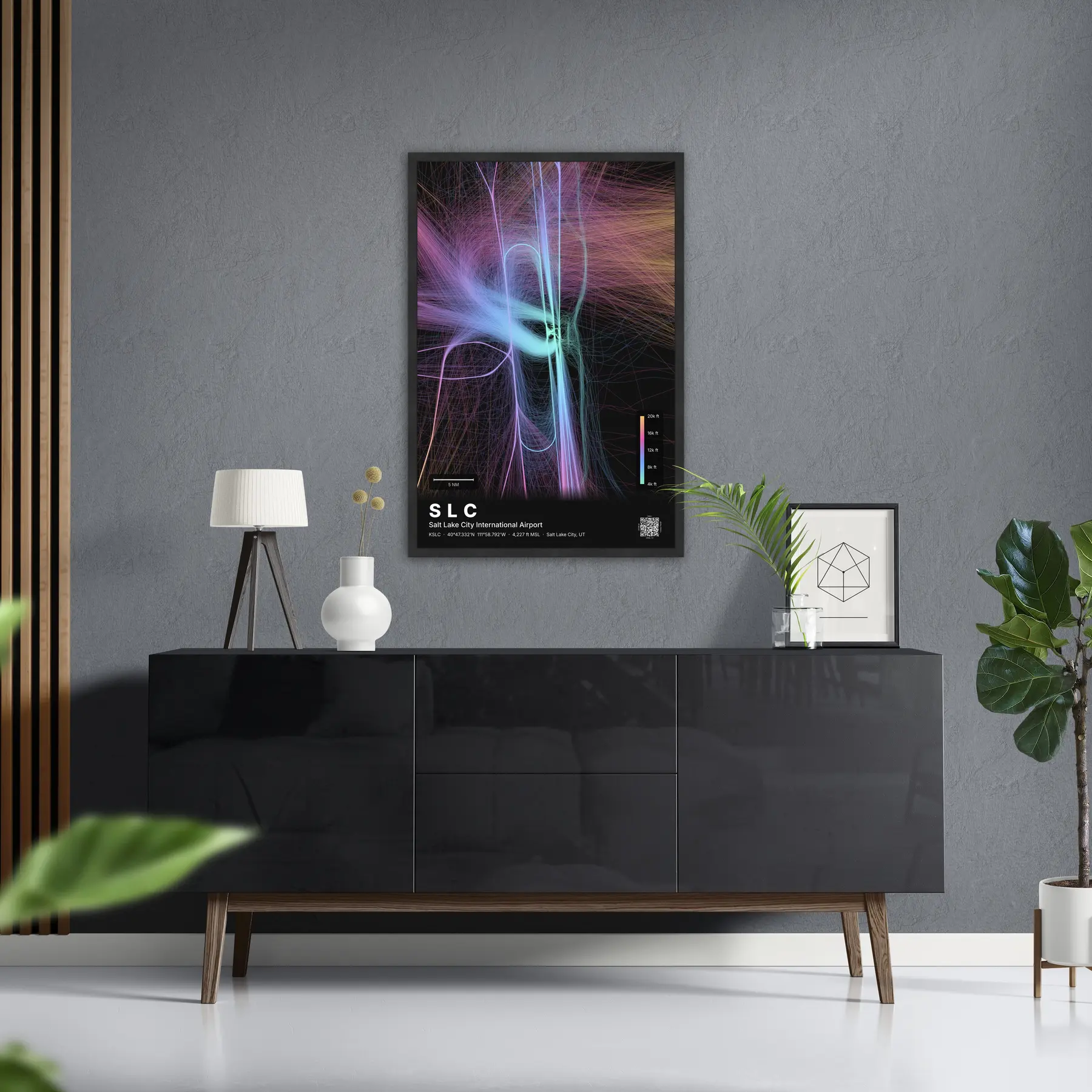 SLC flight path print — Aurora theme · Dark in foyer setting
