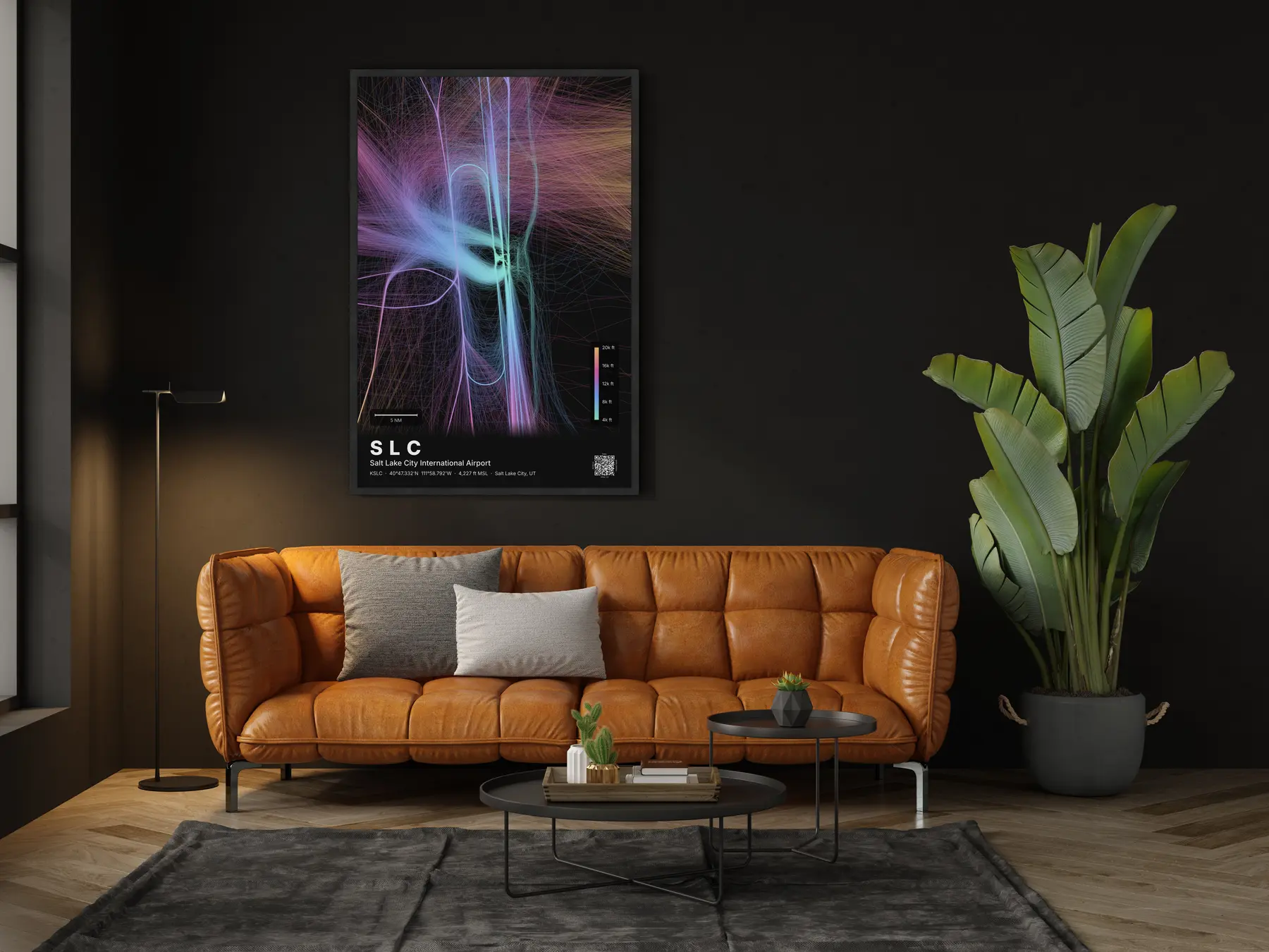 SLC flight path print — Aurora theme · Dark in living-room setting