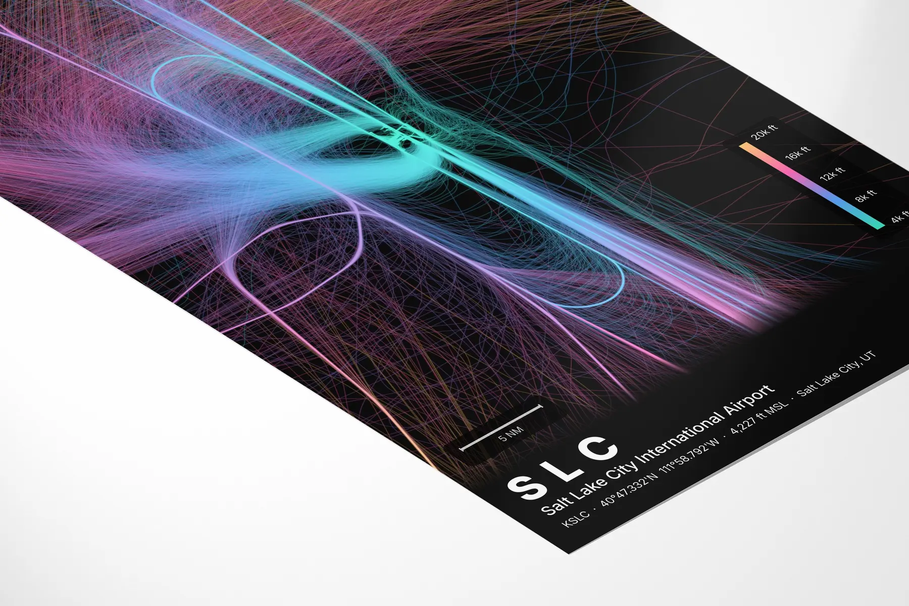 SLC flight path print — Aurora theme · Dark in corner-detail setting