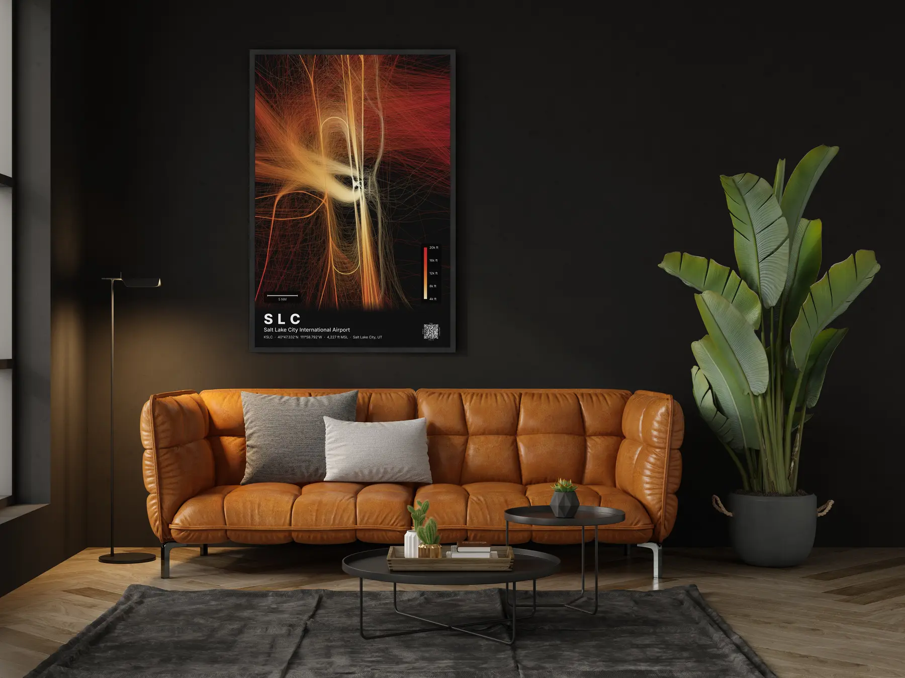 The SLC flight path map on a wall in a living room
