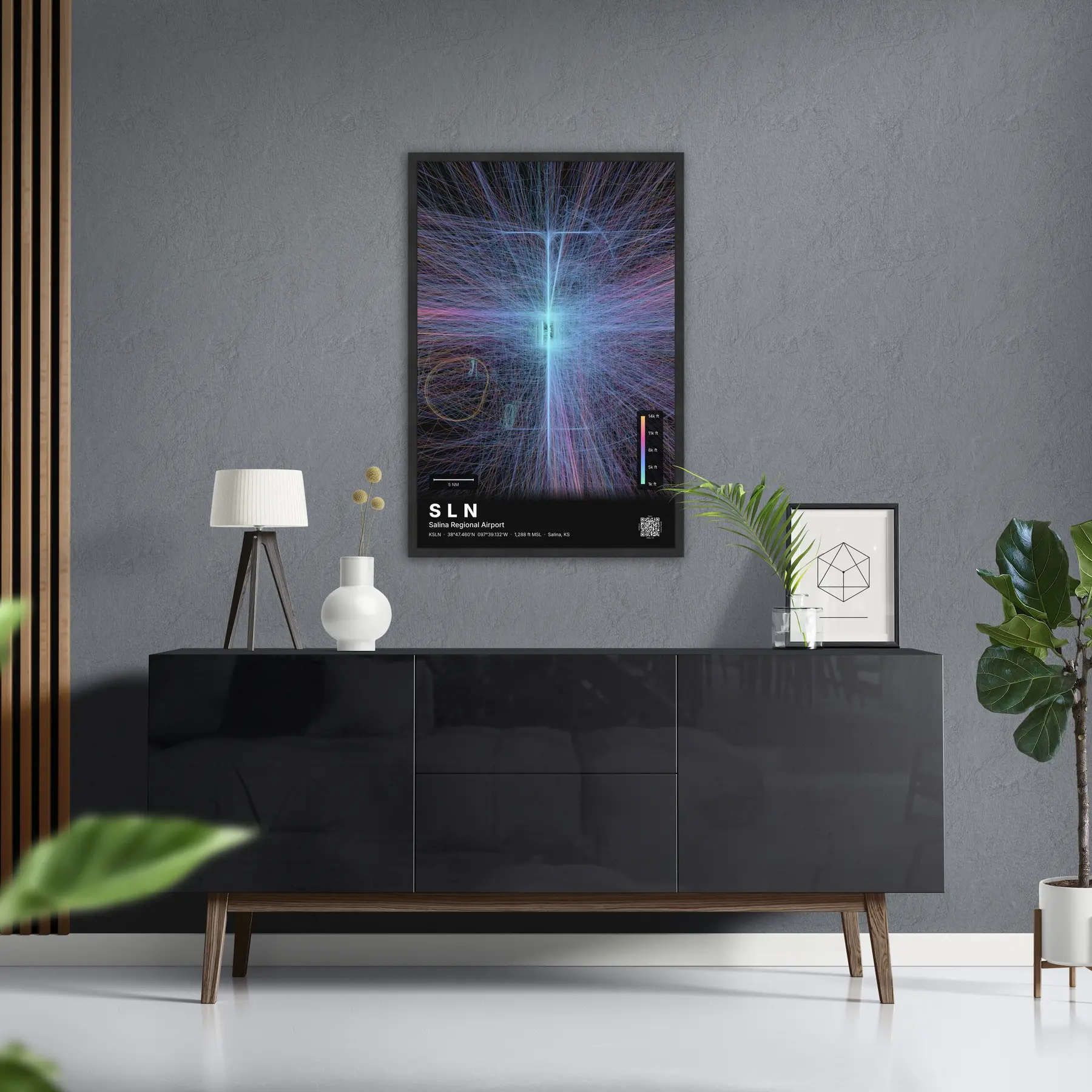 SLN flight path map — Aurora theme · Dark in foyer setting