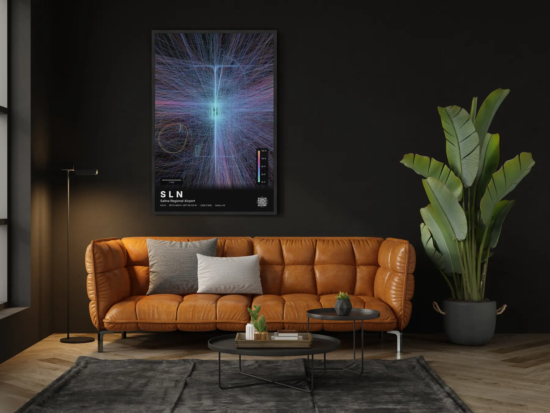 SLN flight path map — Aurora theme · Dark in living-room setting