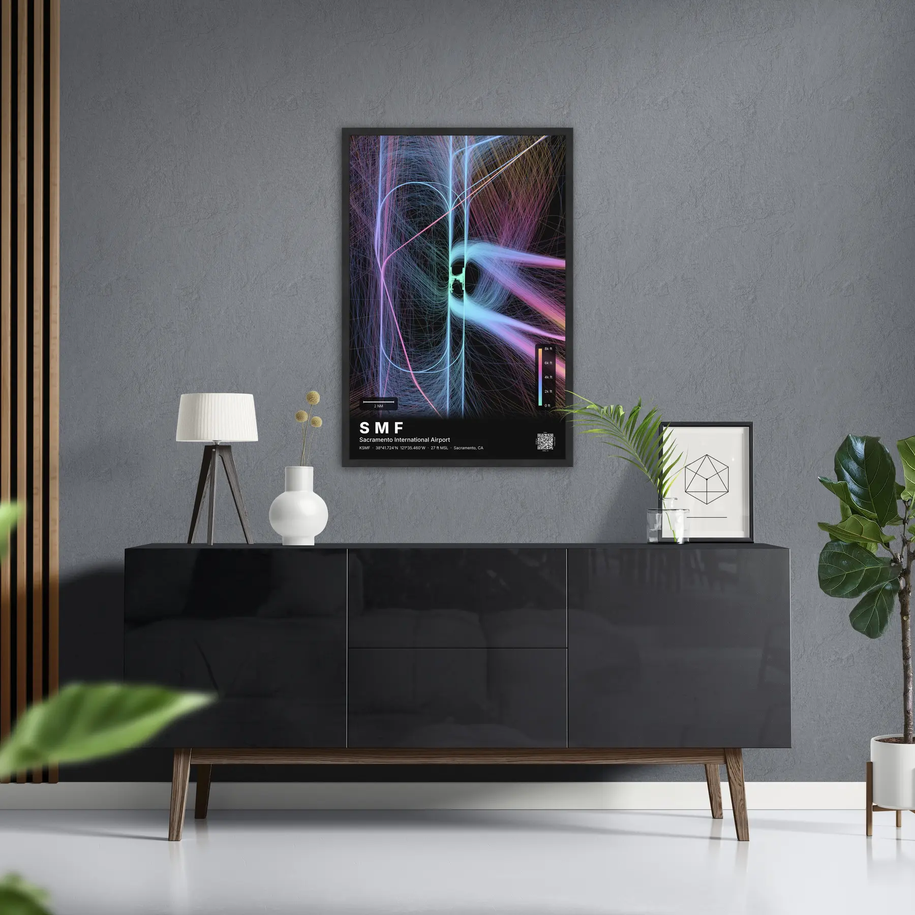 SMF flight path print — Aurora theme · Dark in foyer setting