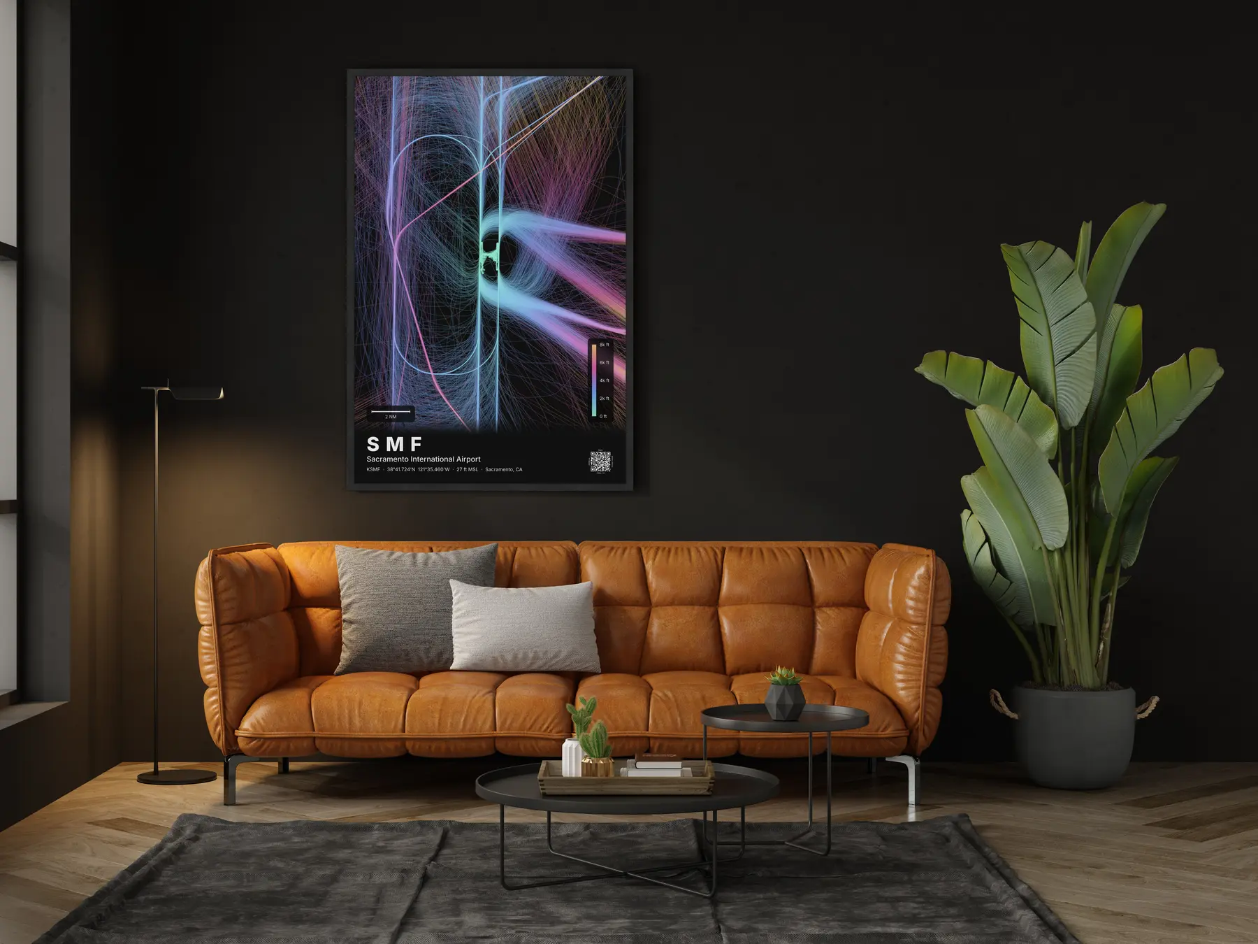 SMF flight path print — Aurora theme · Dark in living-room setting