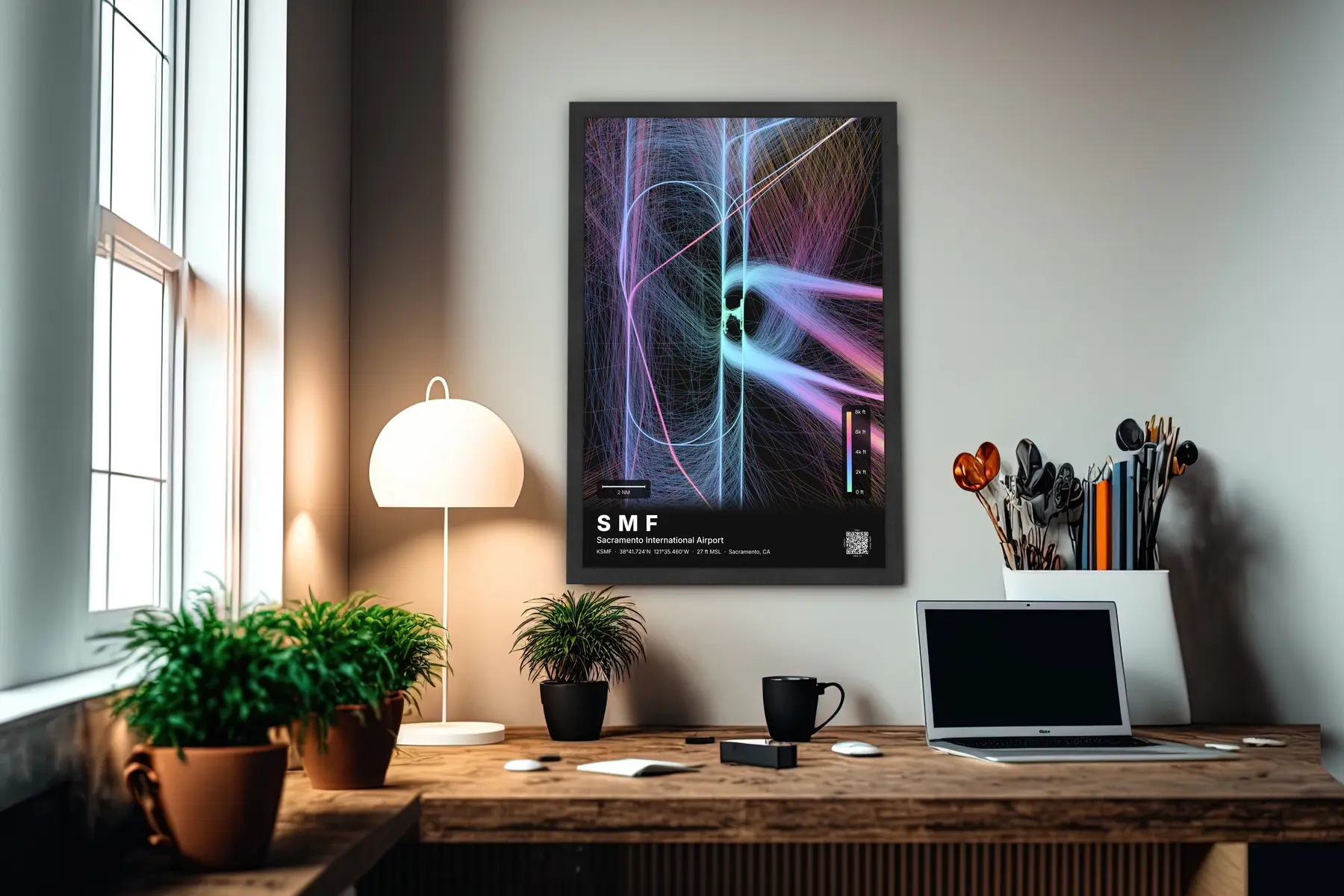 SMF flight path print — Aurora theme · Dark in office setting