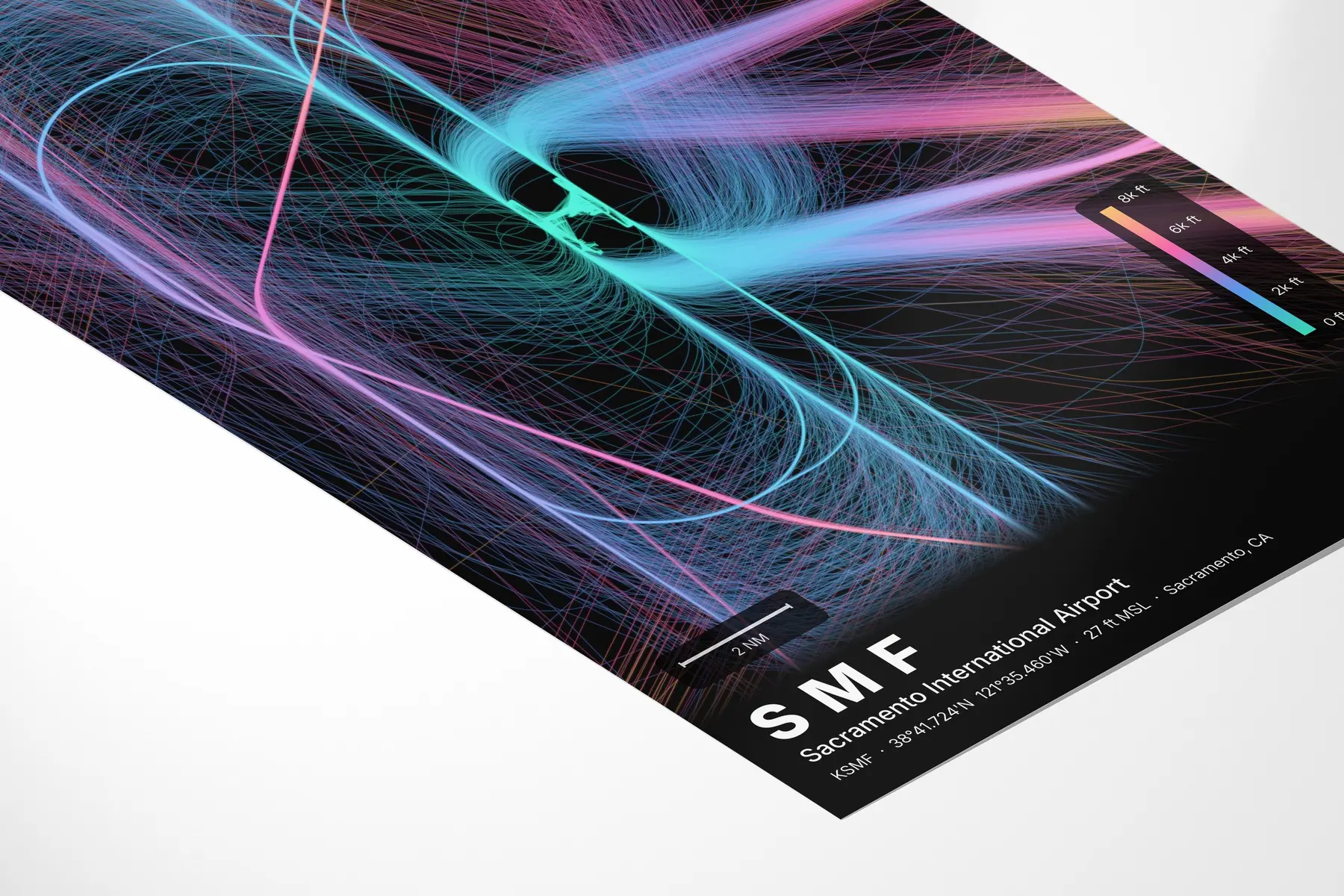 SMF flight path print — Aurora theme · Dark in corner-detail setting