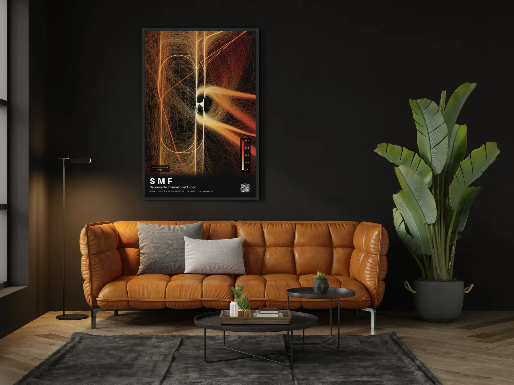 The SMF flight path map on a wall in a living room