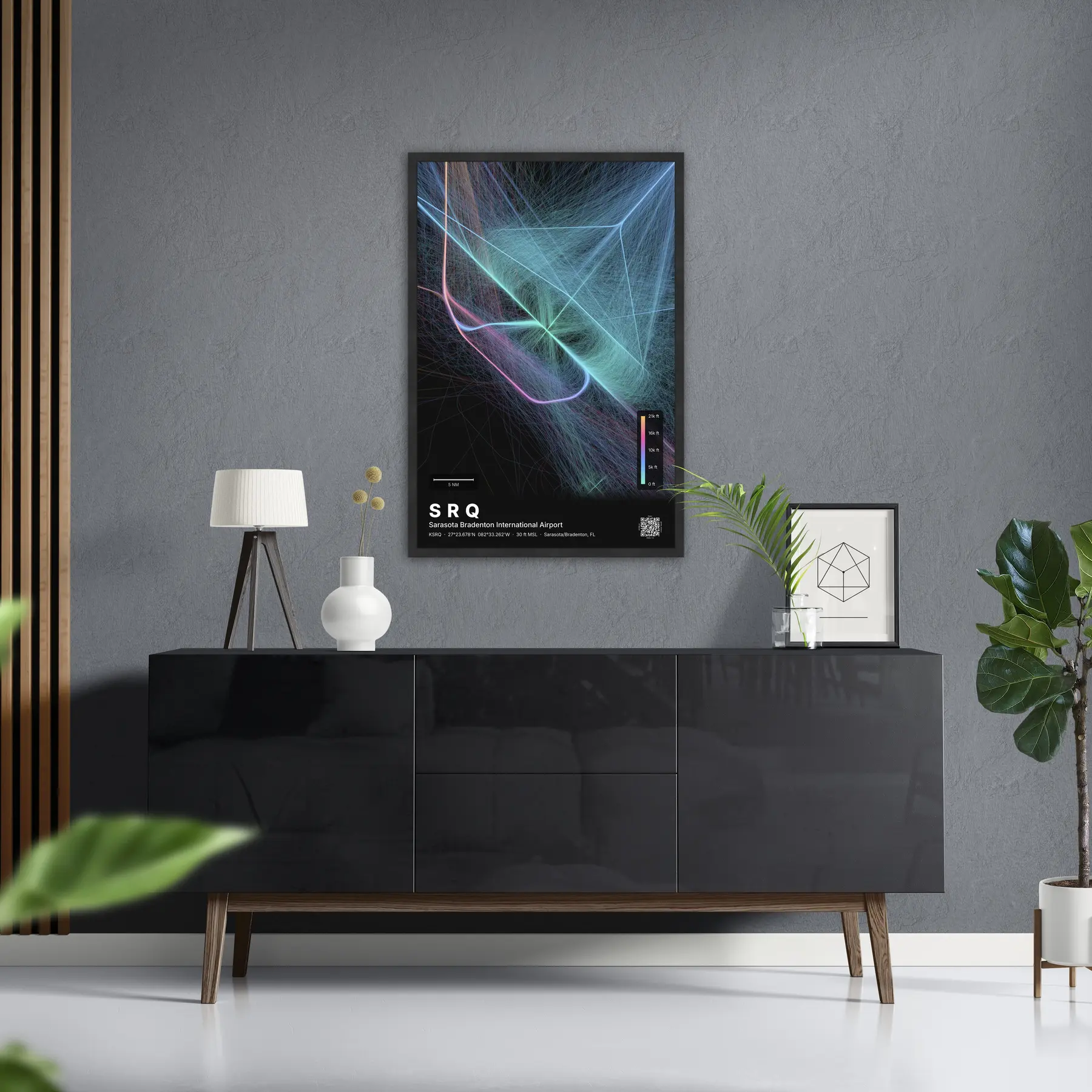 SRQ flight path print — Aurora theme · Dark in foyer setting