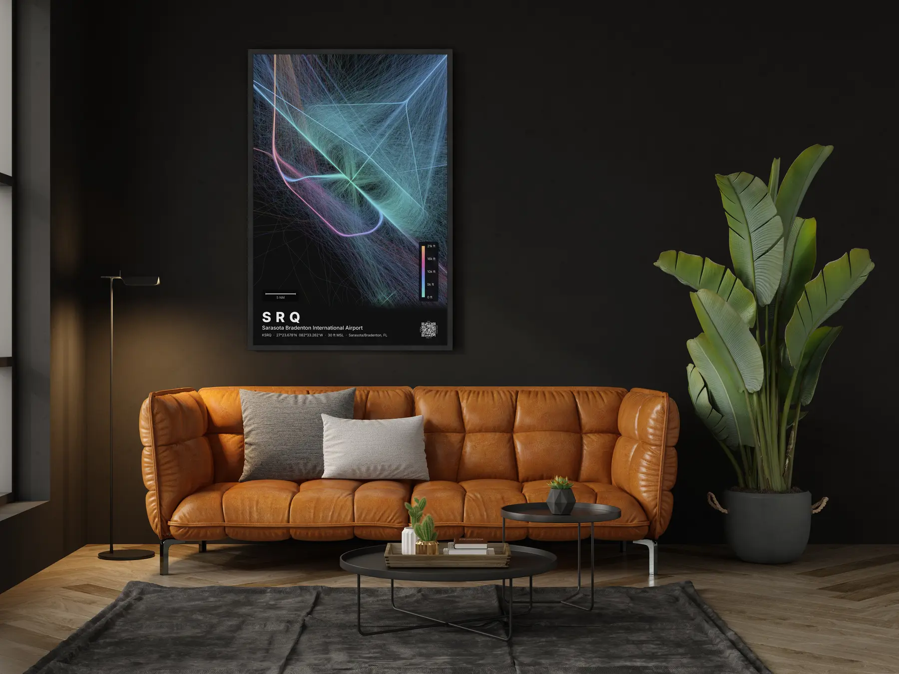 SRQ flight path print — Aurora theme · Dark in living-room setting