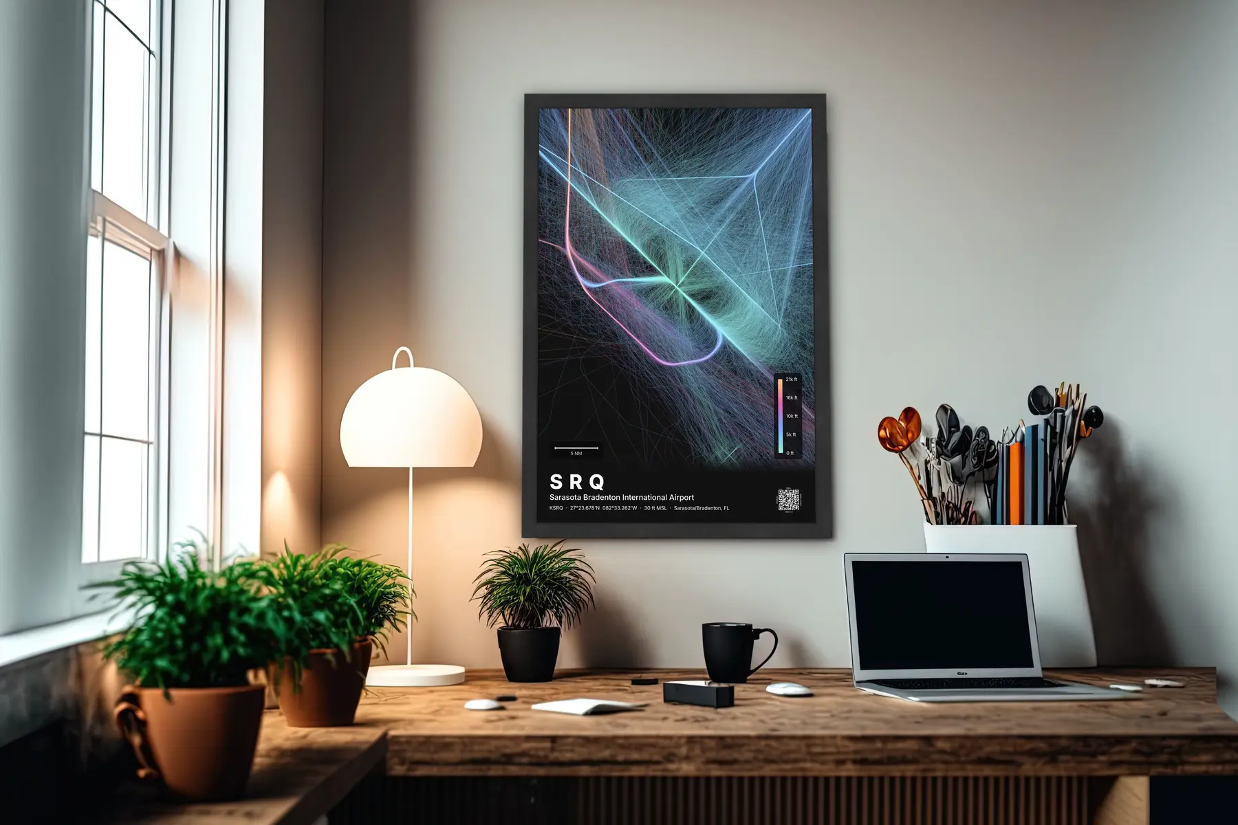 SRQ flight path print — Aurora theme · Dark in office setting