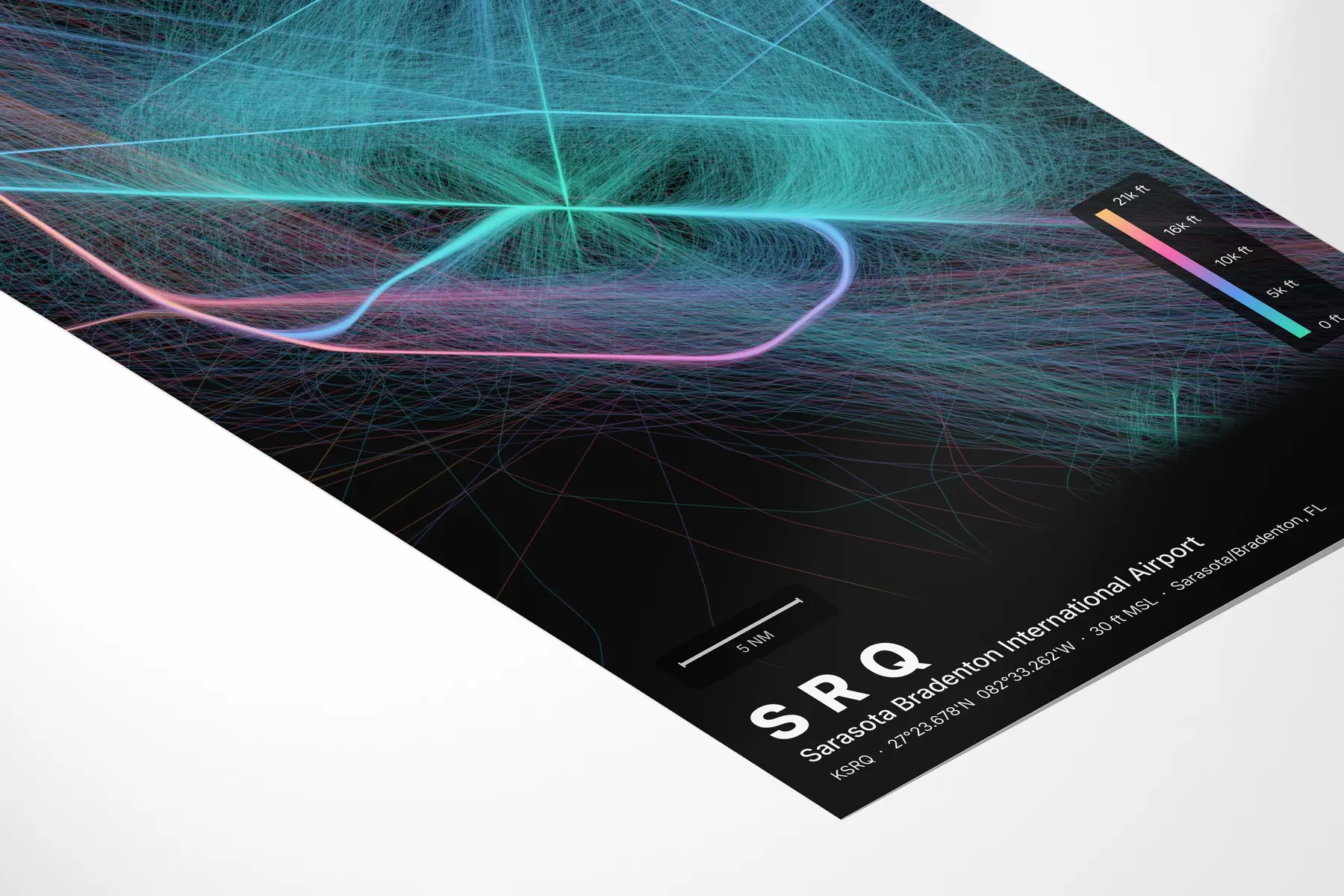 SRQ flight path print — Aurora theme · Dark in corner-detail setting