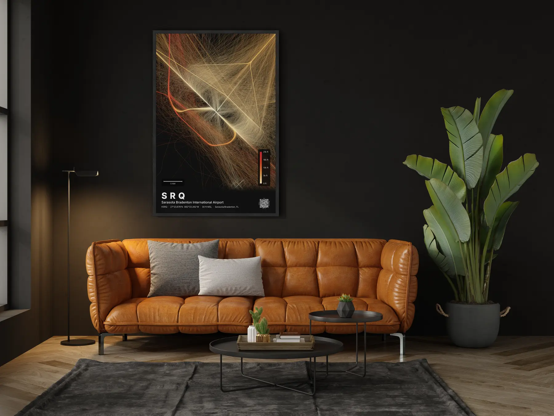 The SRQ flight path map on a wall in a living room