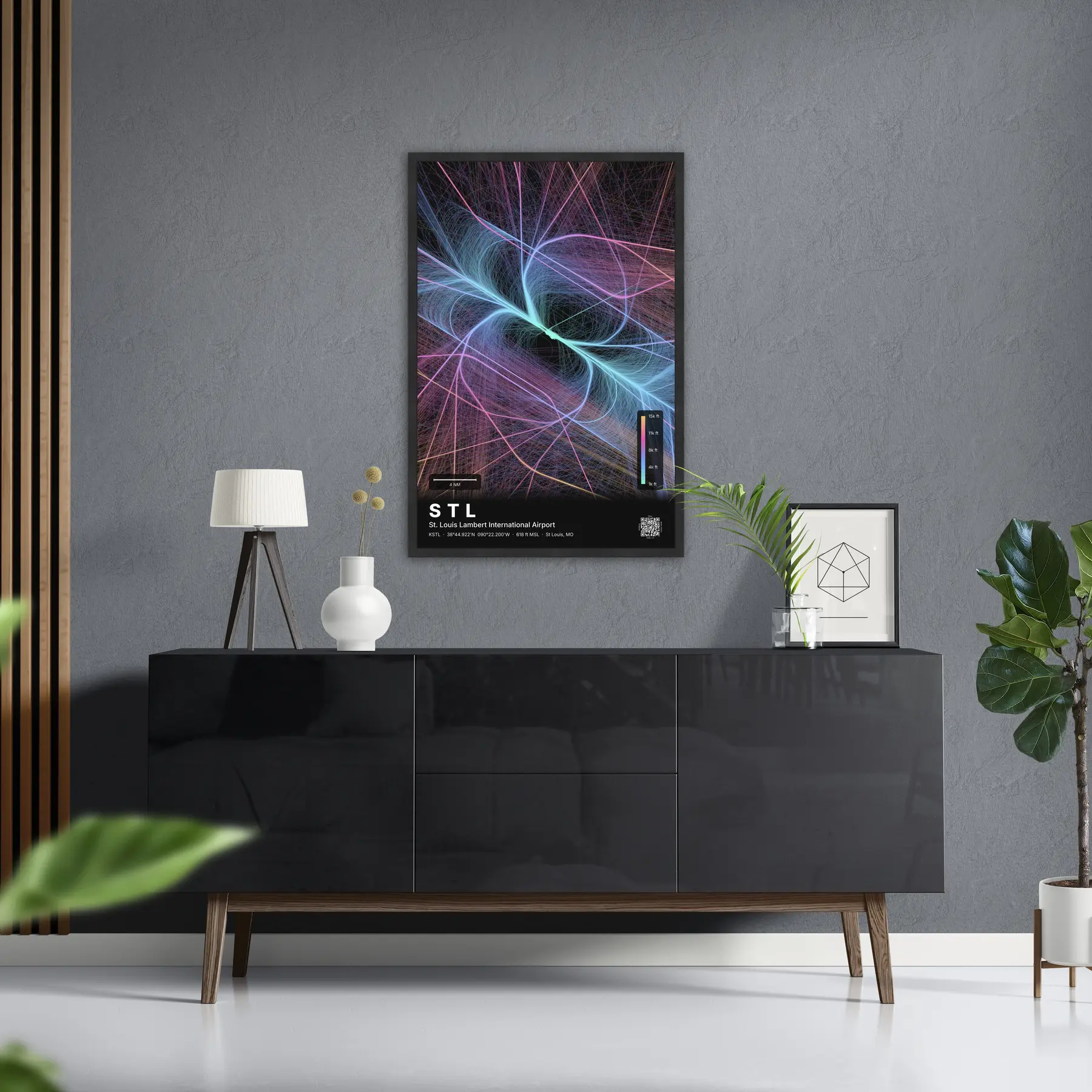 STL flight path print — Aurora theme · Dark in foyer setting