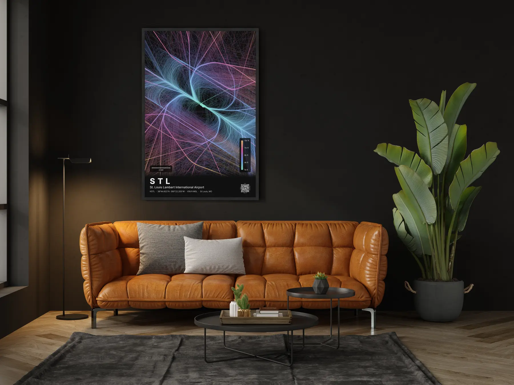 STL flight path print — Aurora theme · Dark in living-room setting