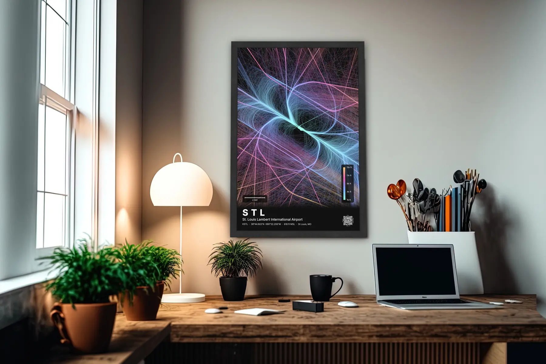 STL flight path print — Aurora theme · Dark in office setting