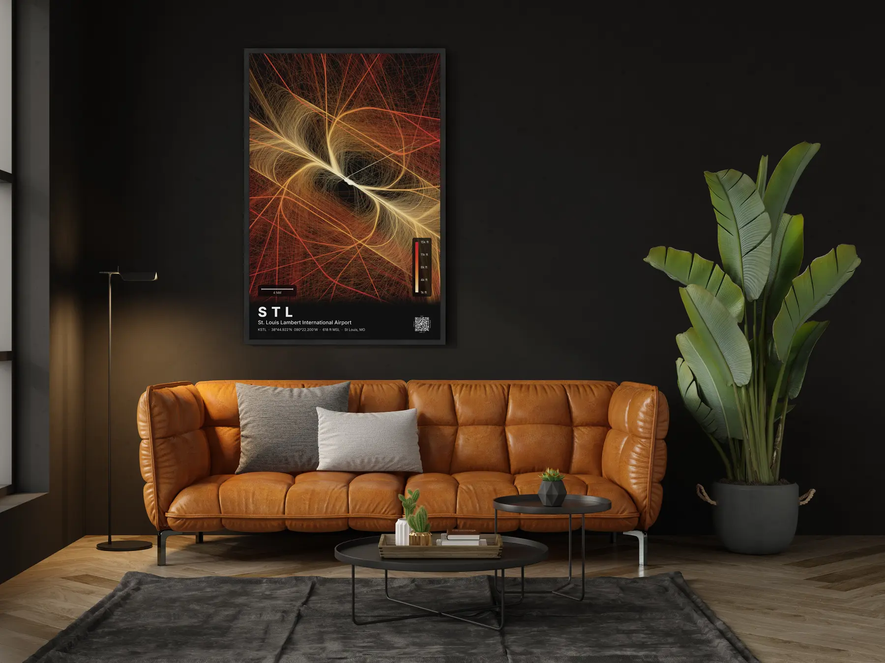The STL flight path map on a wall in a living room