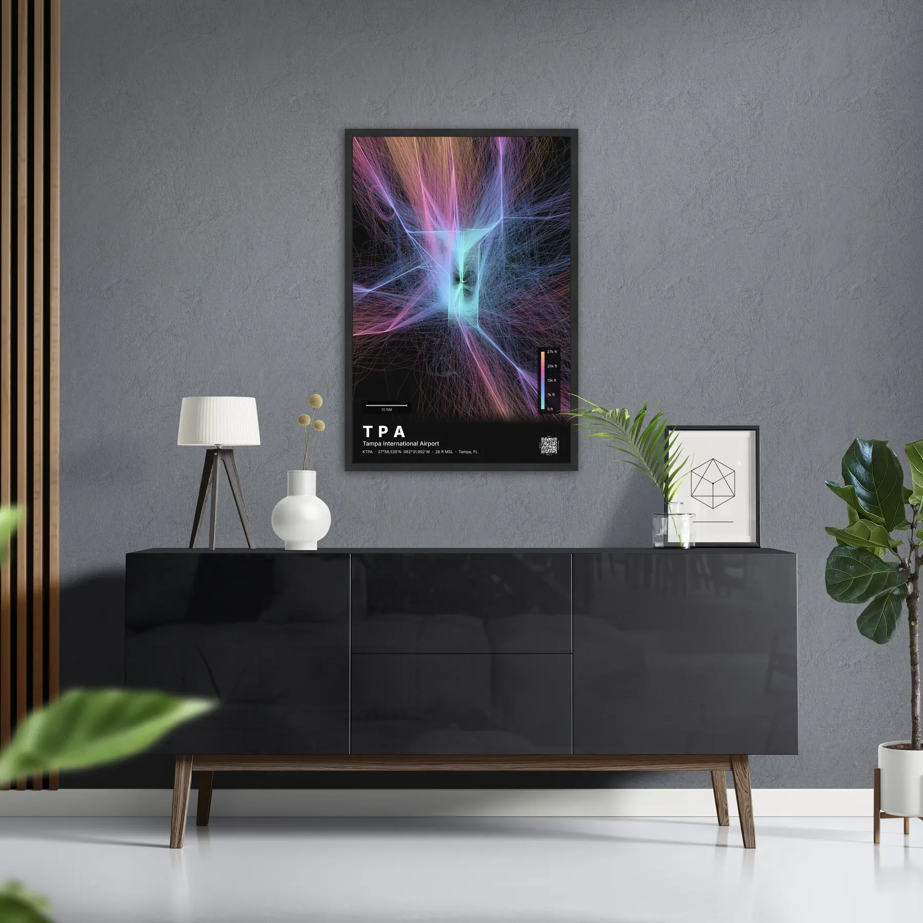 TPA flight path print — Aurora theme · Dark in foyer setting