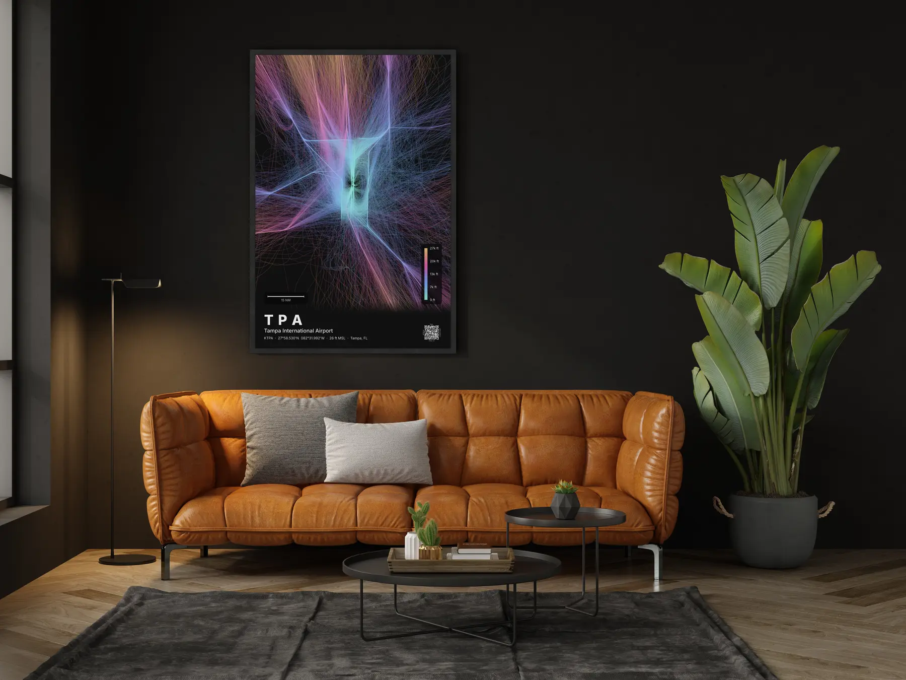 TPA flight path print — Aurora theme · Dark in living-room setting