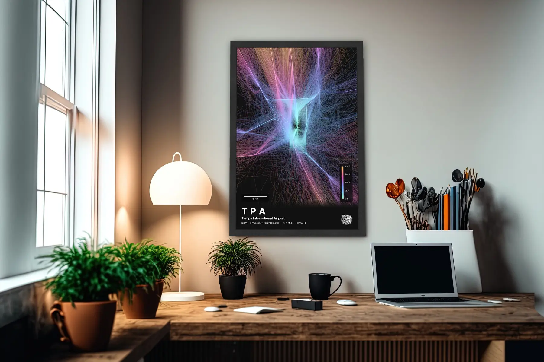 TPA flight path print — Aurora theme · Dark in office setting