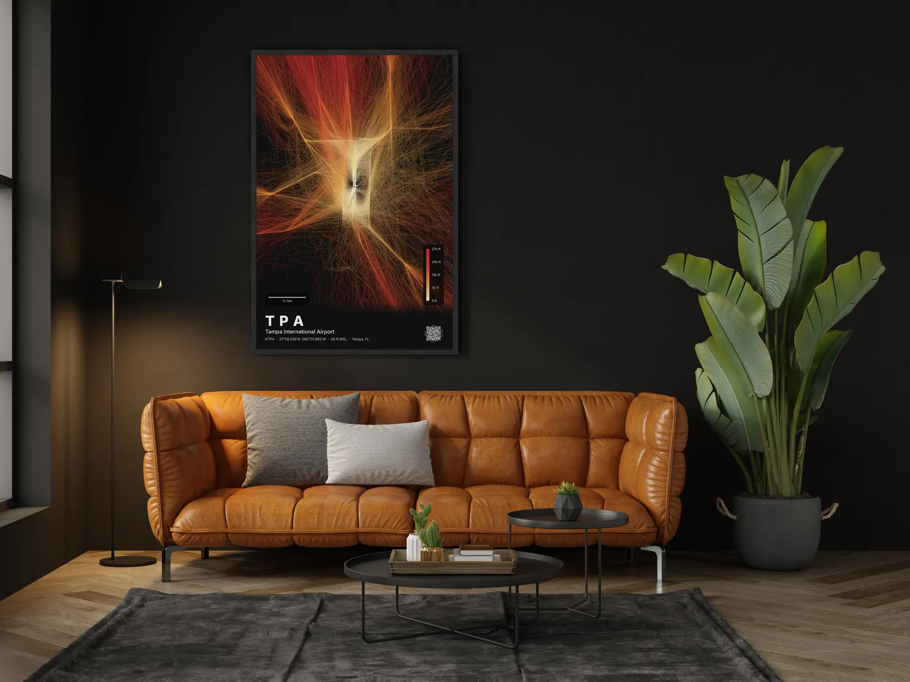 The TPA flight path map on a wall in a living room