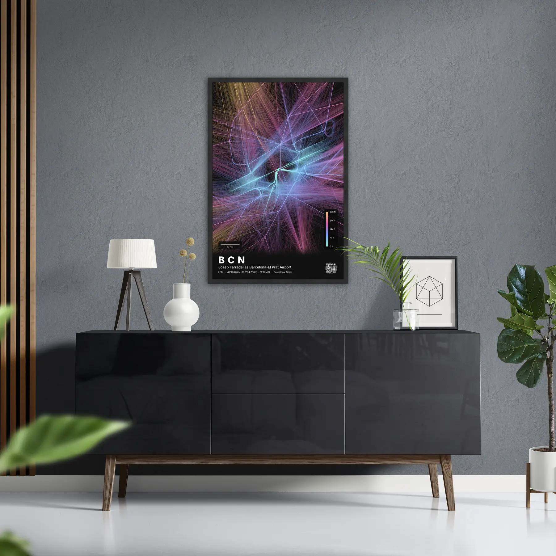 BCN flight path map — Aurora theme · Dark in foyer setting