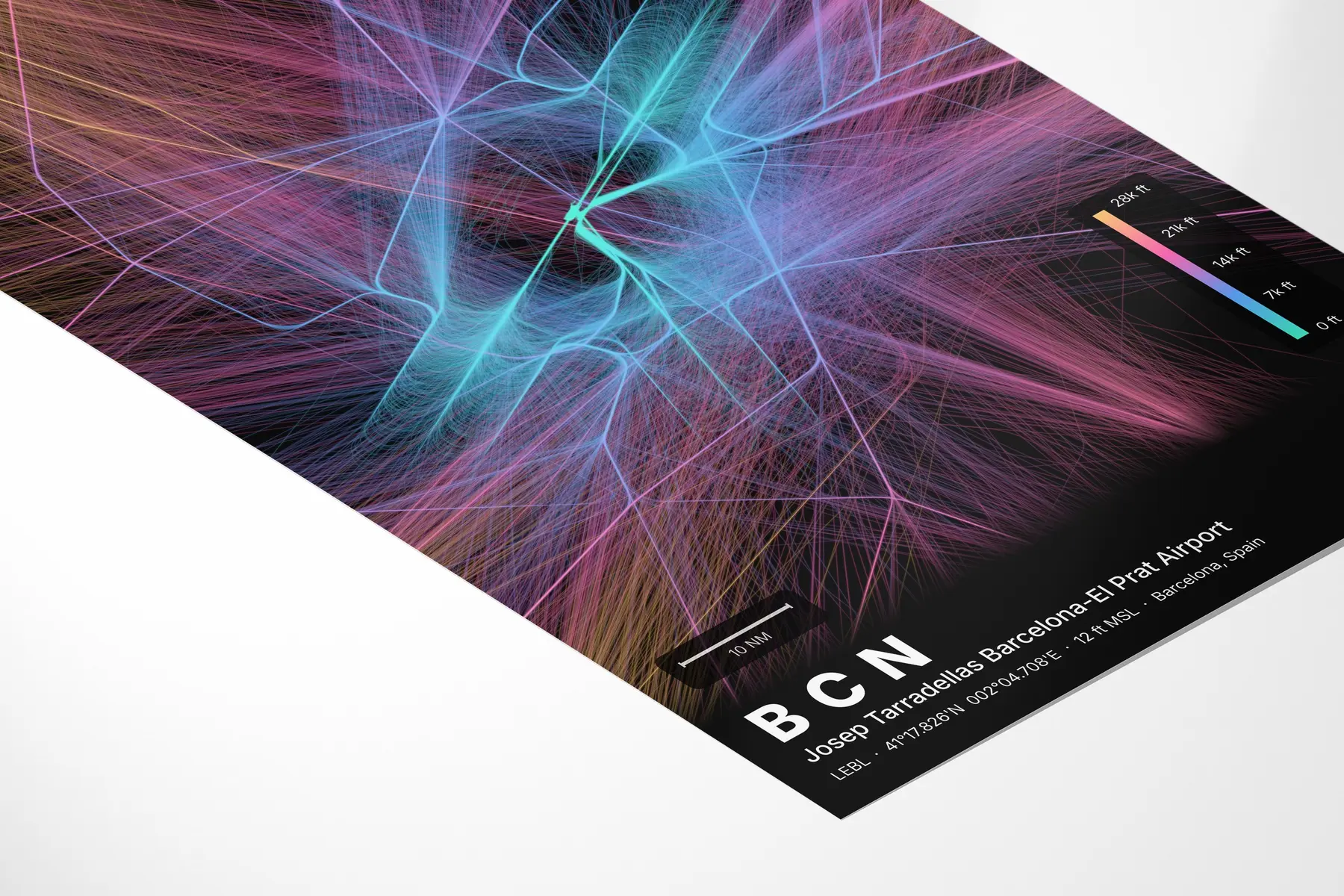 BCN flight path map — Aurora theme · Dark in corner-detail setting