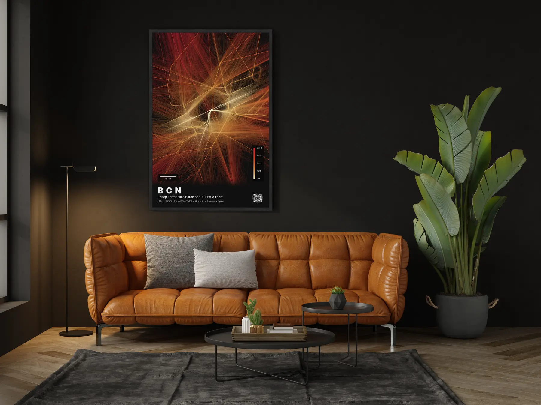 The BCN flight path map on a wall in a living room