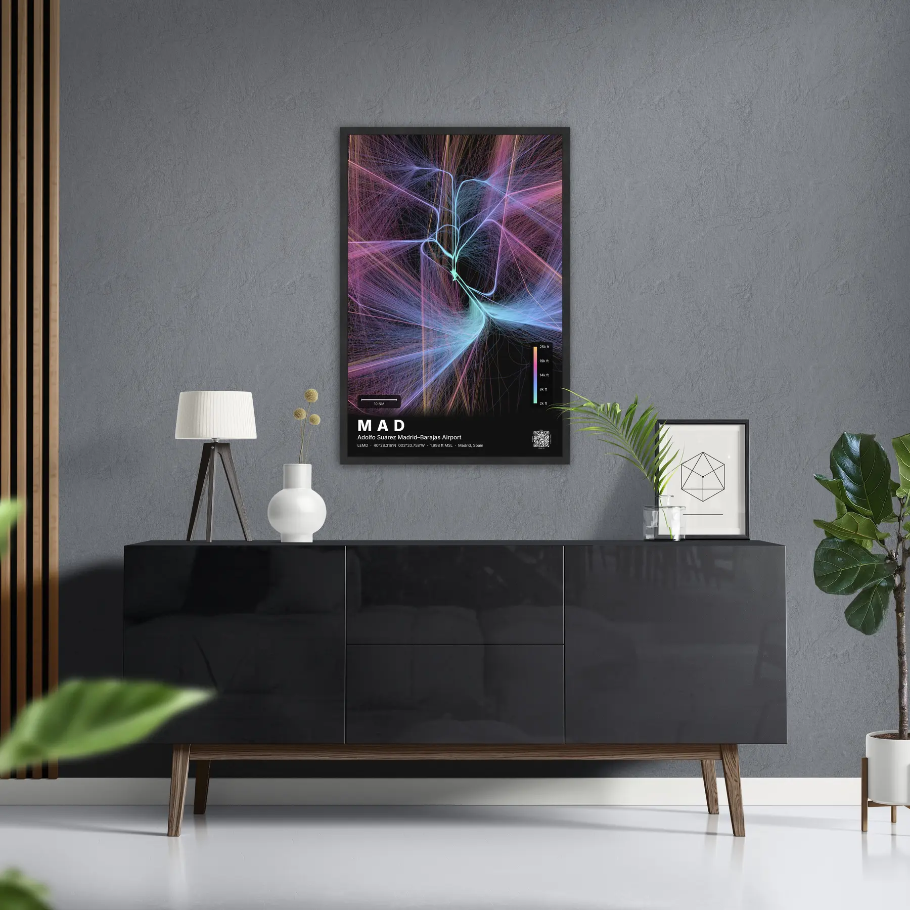 MAD flight path map — Aurora theme · Dark in foyer setting