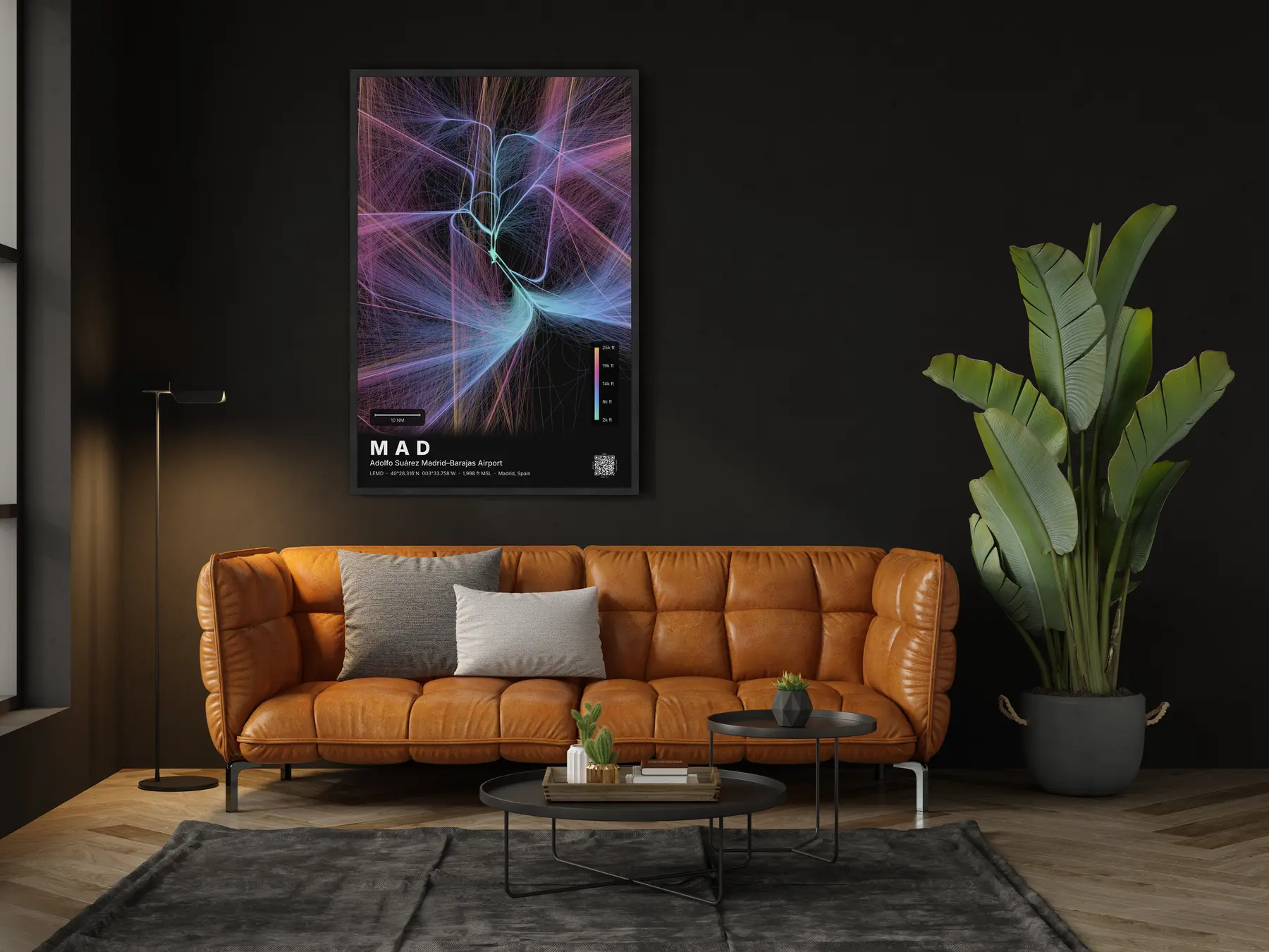 MAD flight path map — Aurora theme · Dark in living-room setting