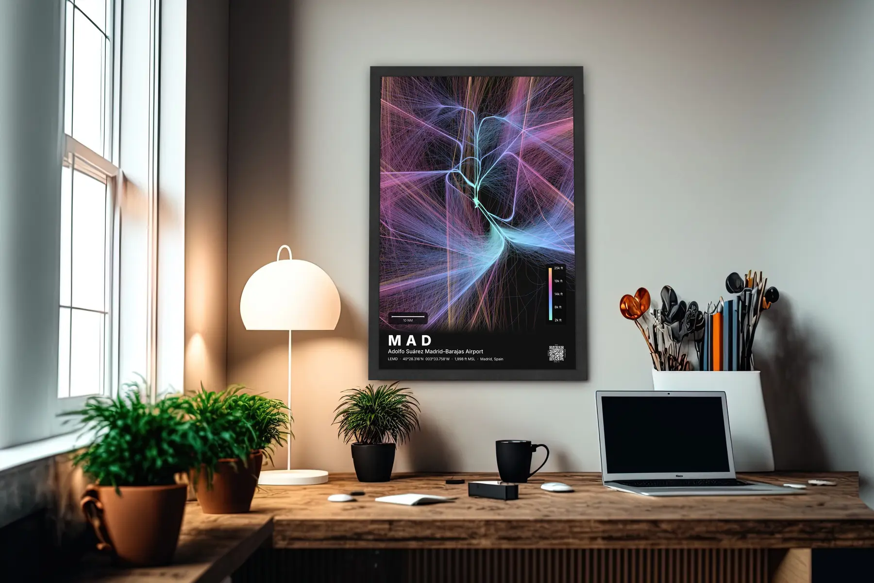 MAD flight path map — Aurora theme · Dark in office setting