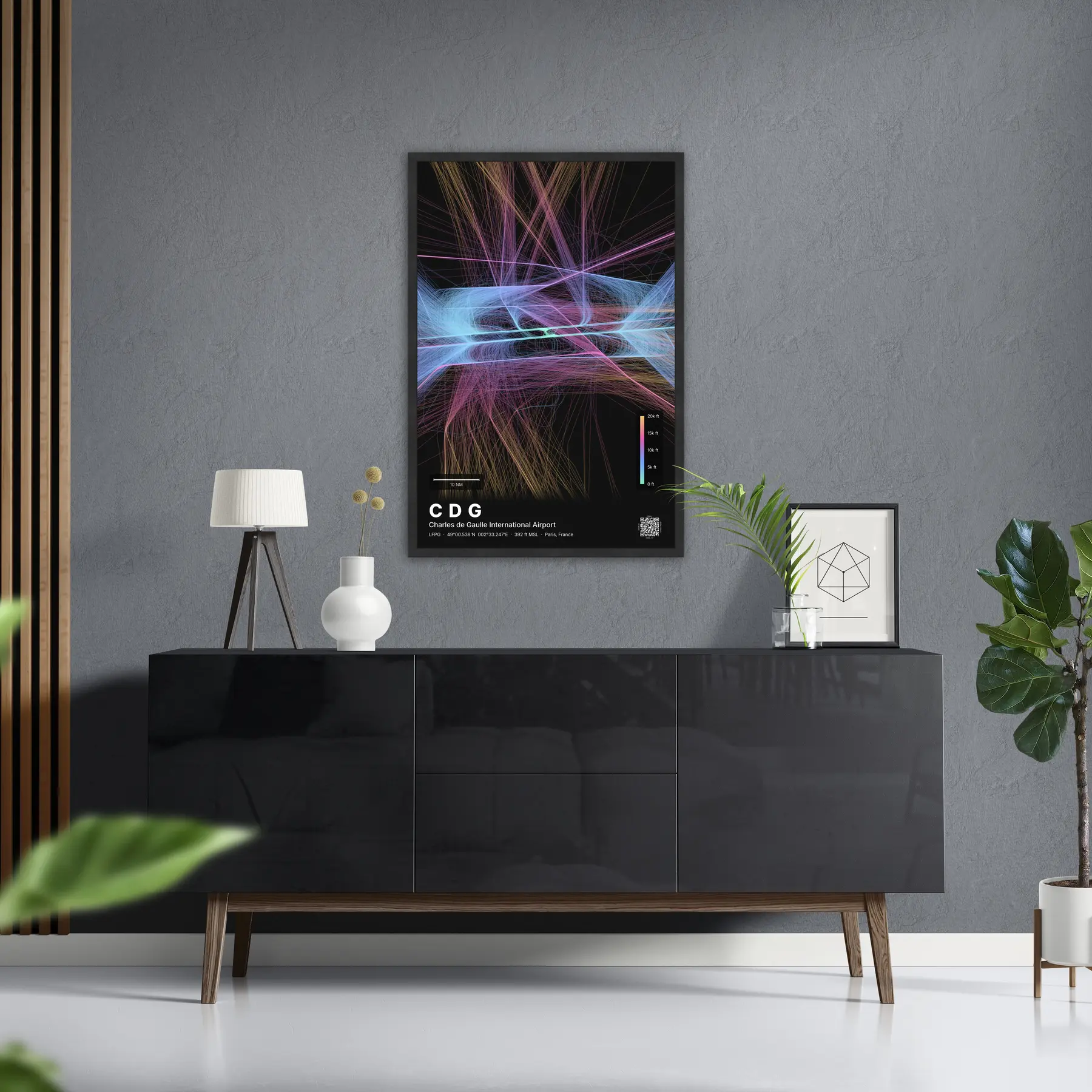 CDG flight path map — Aurora theme · Dark in foyer setting