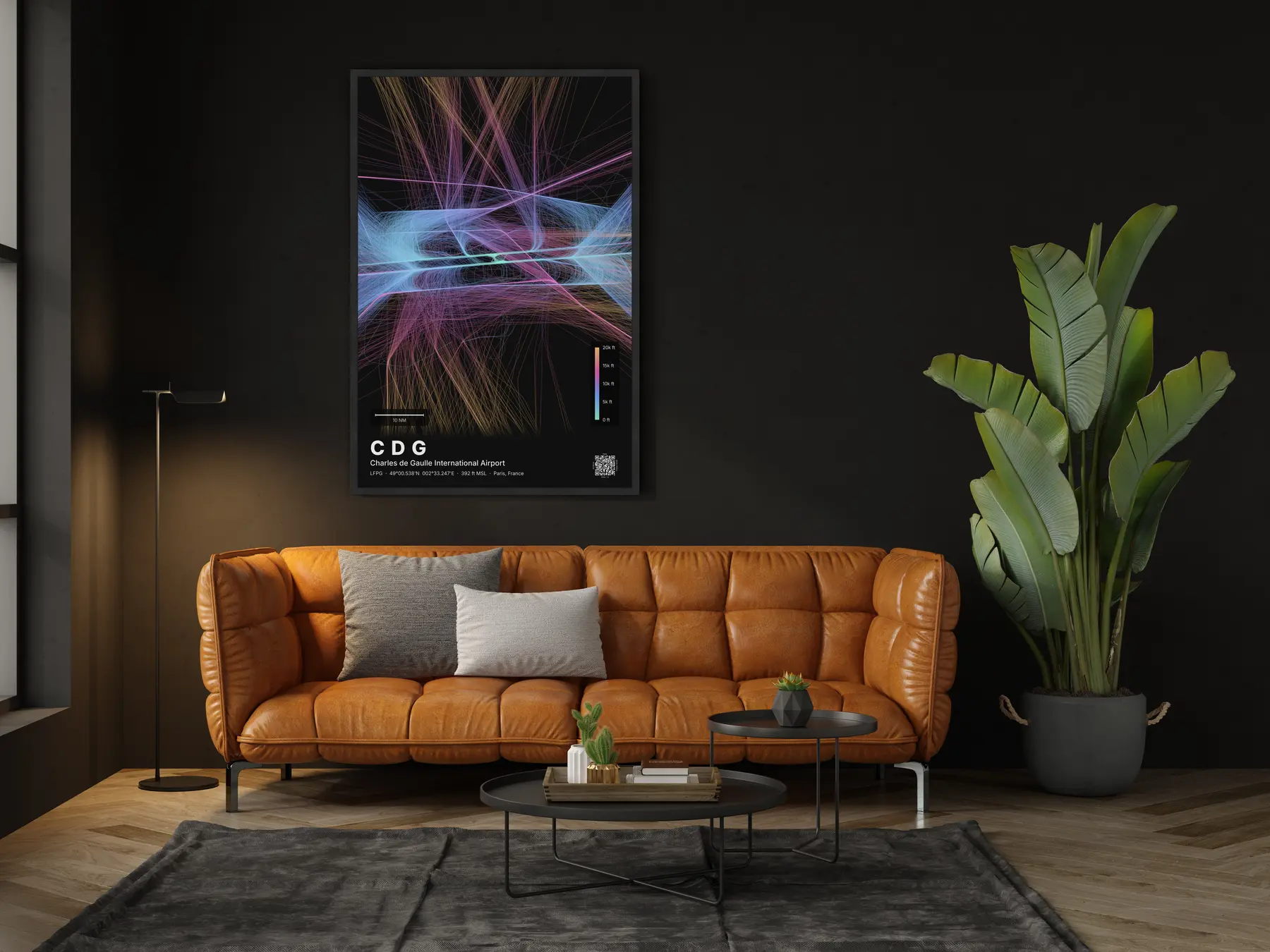 CDG flight path map — Aurora theme · Dark in living-room setting