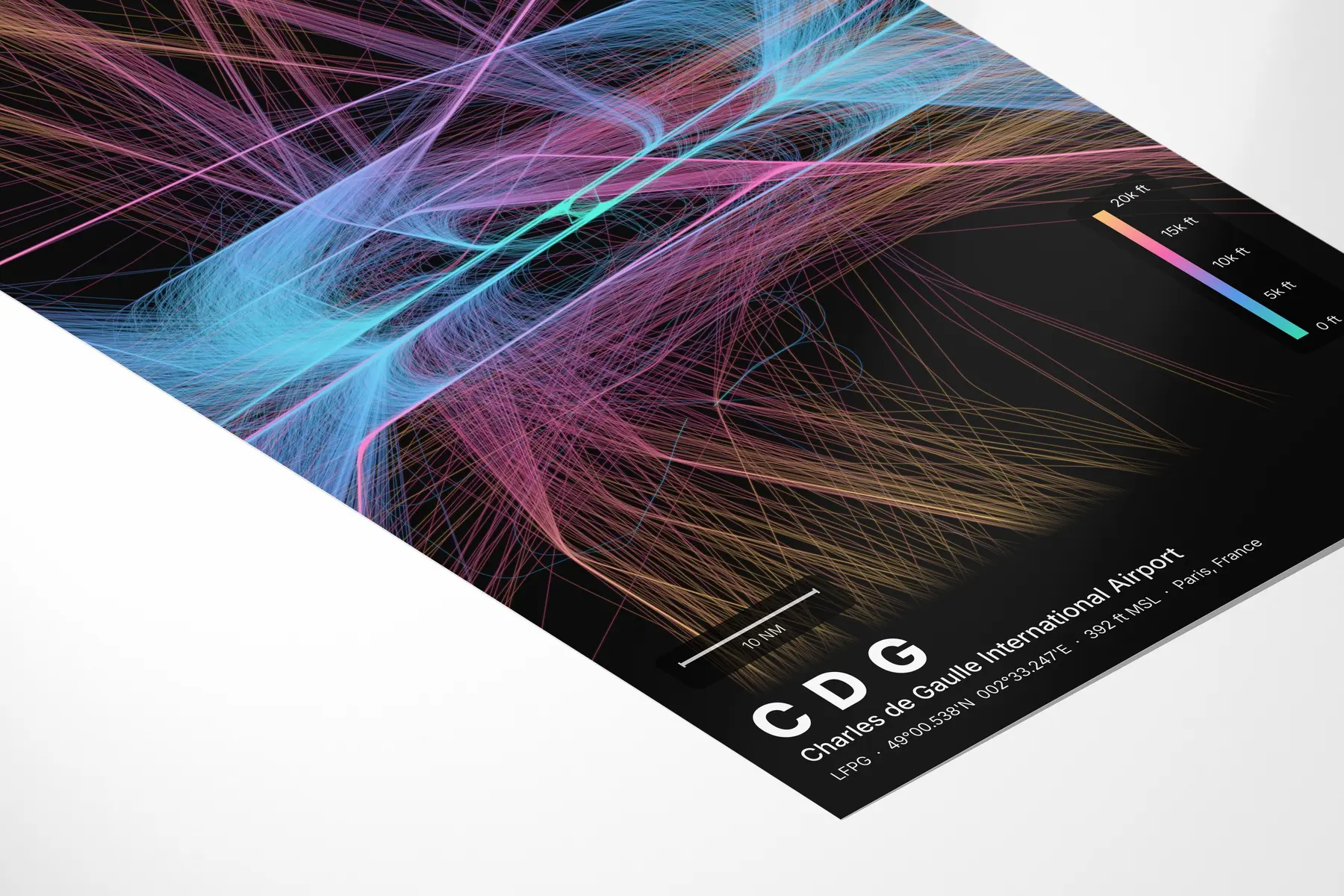 CDG flight path map — Aurora theme · Dark in corner-detail setting