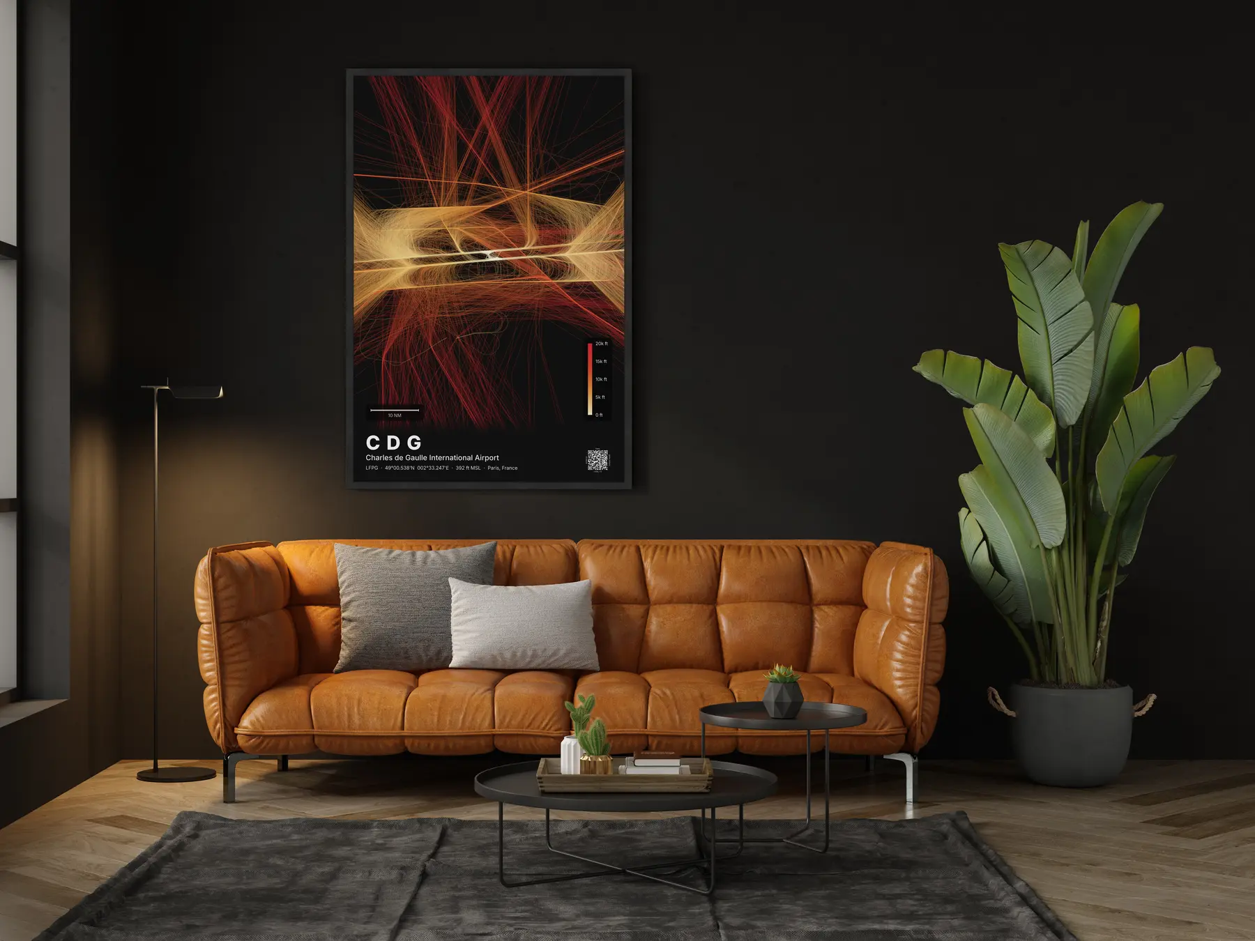 The CDG flight path map on a wall in a living room