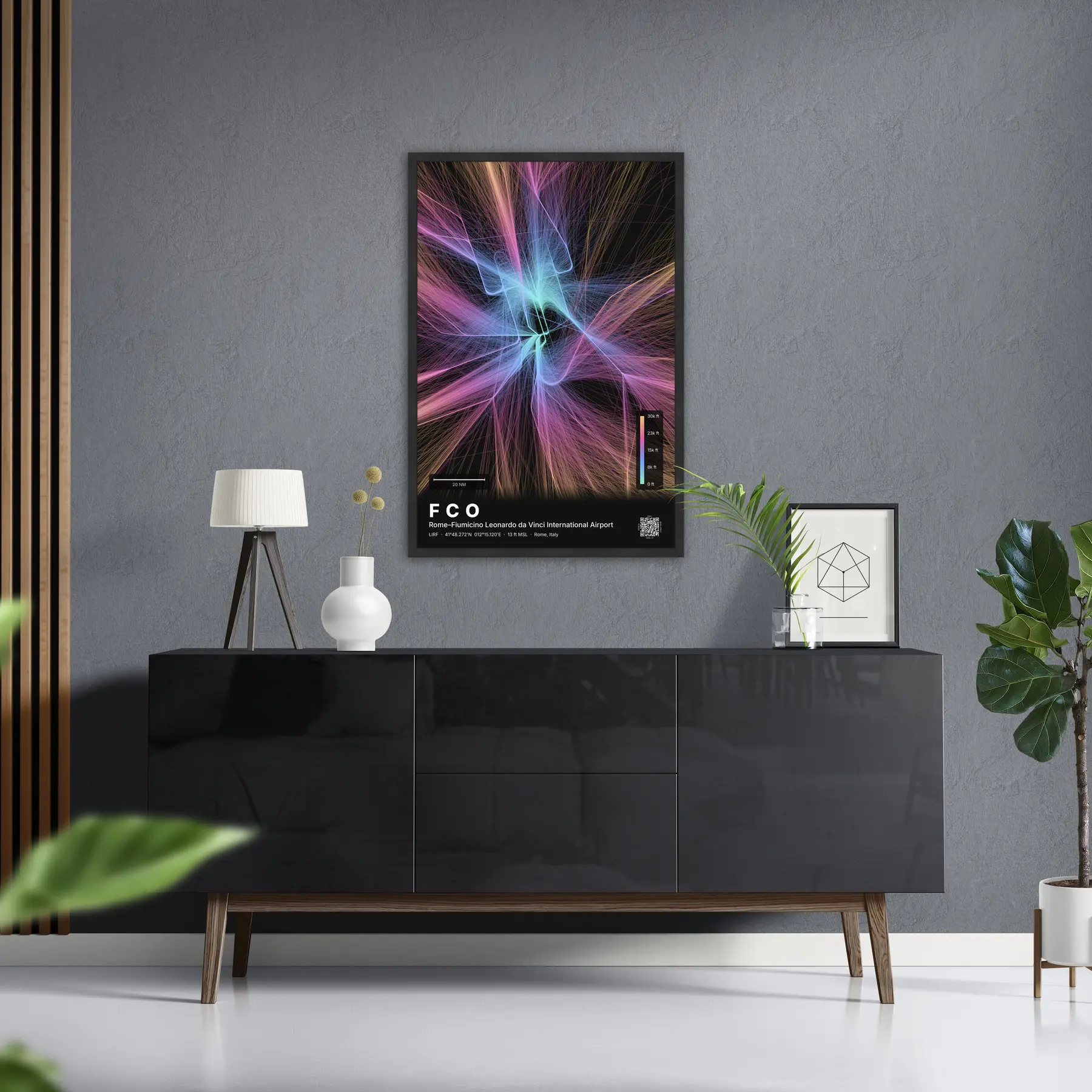 FCO flight path print — Aurora theme · Dark in foyer setting