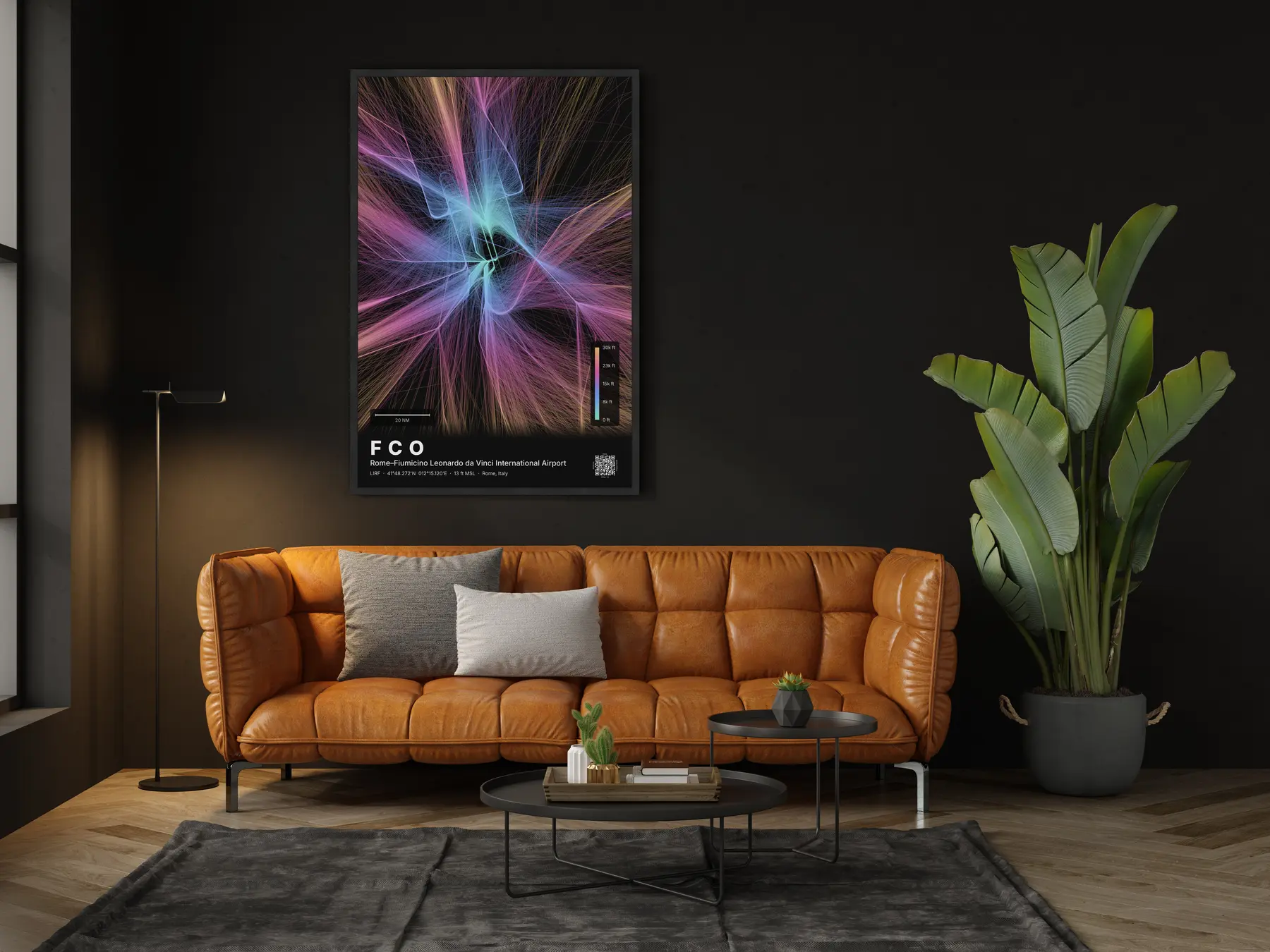 FCO flight path print — Aurora theme · Dark in living-room setting
