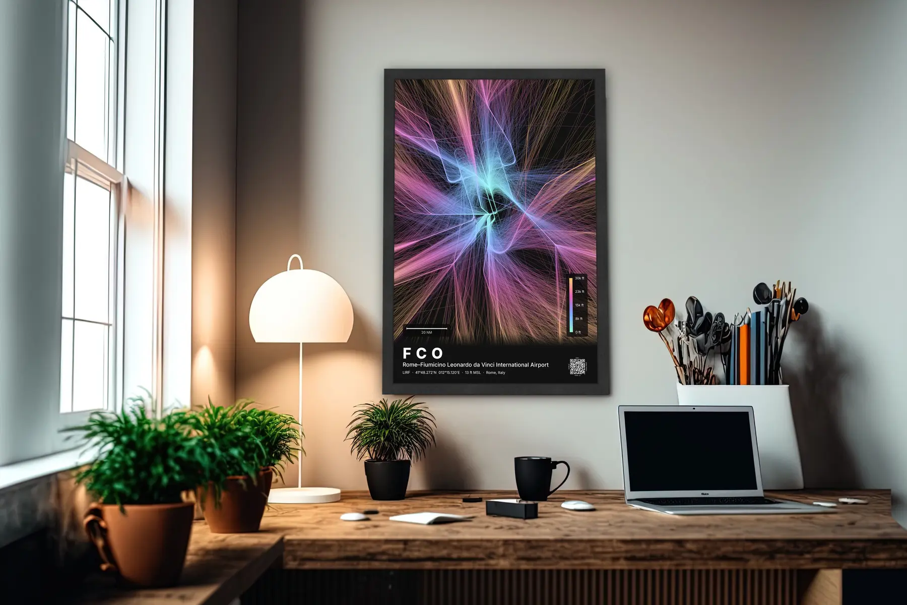 FCO flight path print — Aurora theme · Dark in office setting