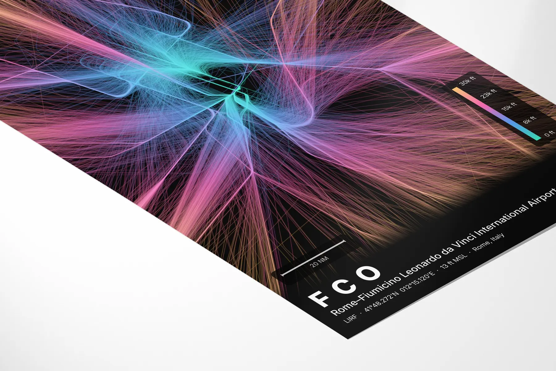 FCO flight path print — Aurora theme · Dark in corner-detail setting