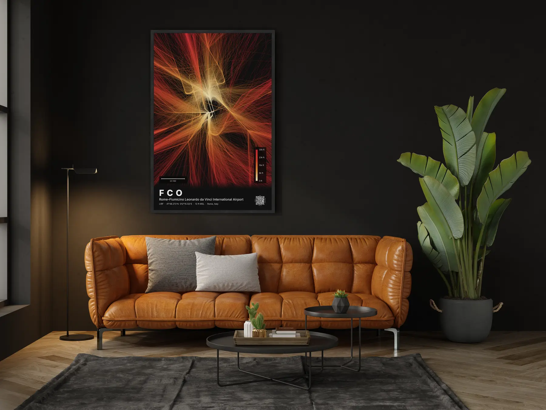 The FCO flight path map on a wall in a living room