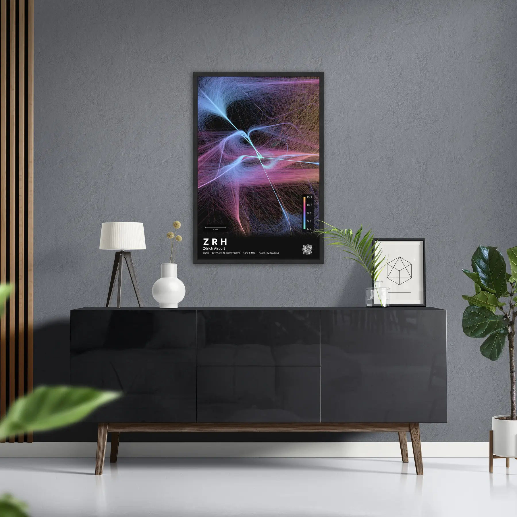 ZRH flight path map — Aurora theme · Dark in foyer setting