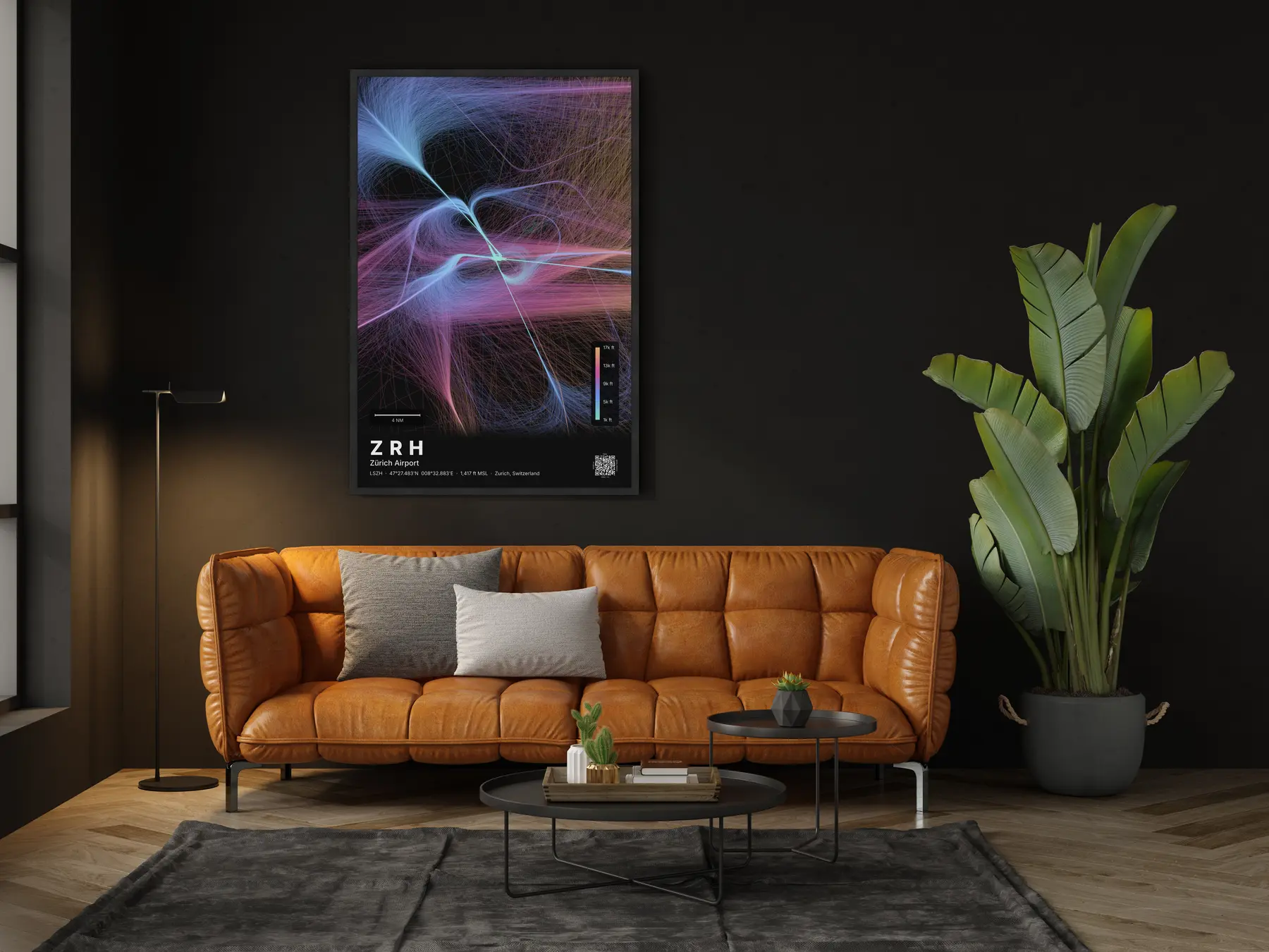 ZRH flight path map — Aurora theme · Dark in living-room setting