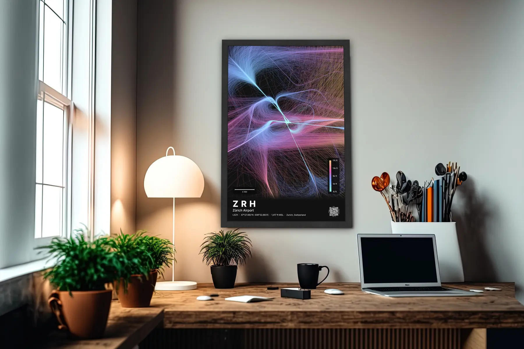 ZRH flight path map — Aurora theme · Dark in office setting