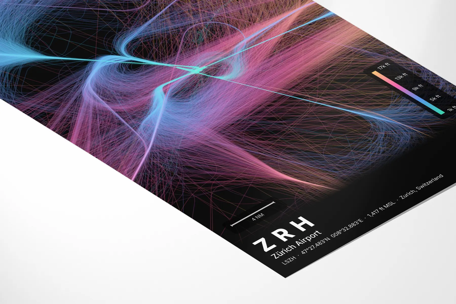 ZRH flight path map — Aurora theme · Dark in corner-detail setting