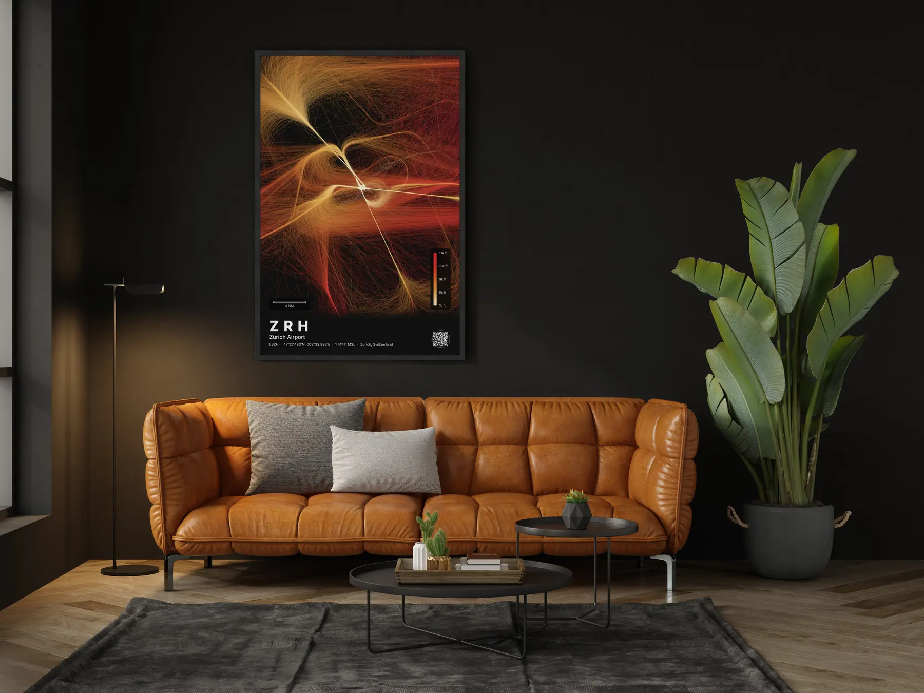 The ZRH flight path map on a wall in a living room