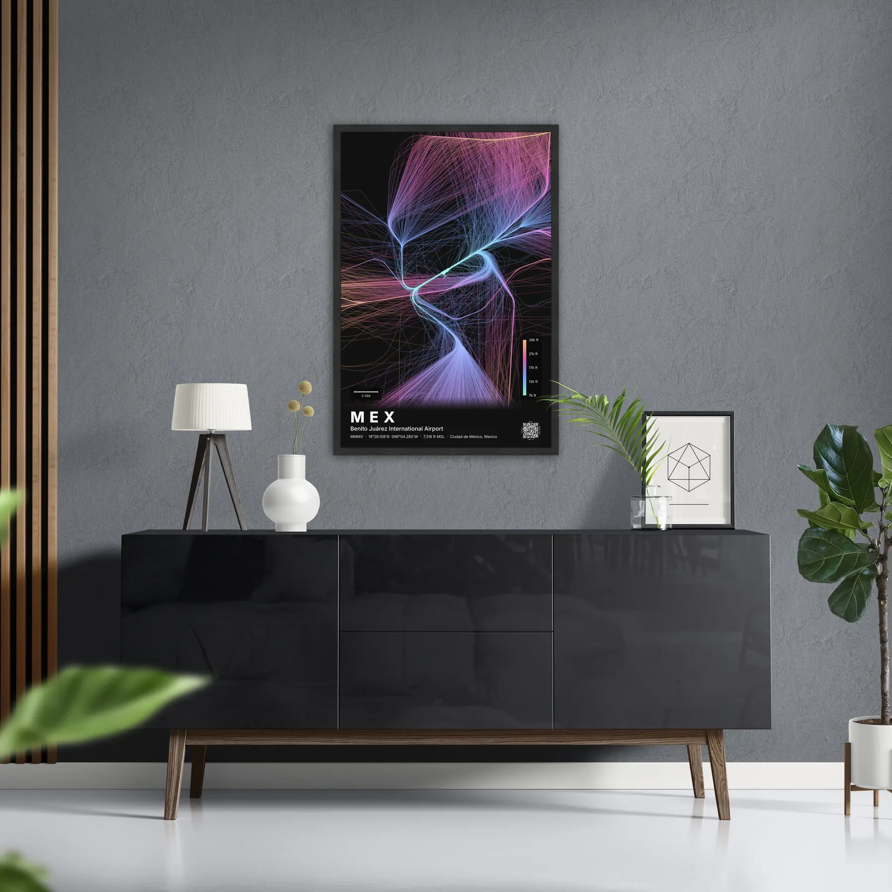 MEX flight path map — Aurora theme · Dark in foyer setting