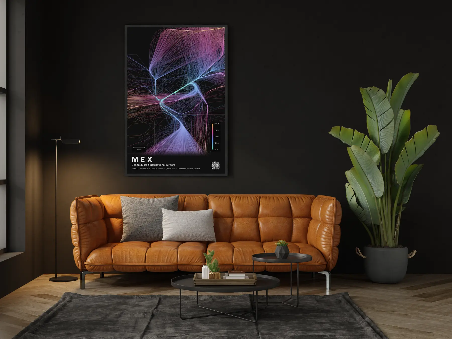 MEX flight path map — Aurora theme · Dark in living-room setting